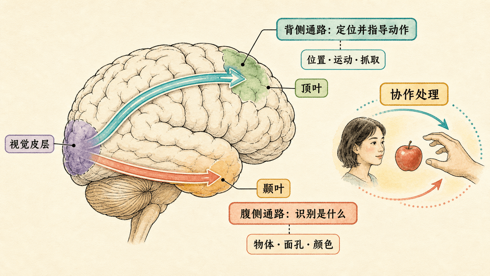 视觉腹侧与背侧通路协作示意图