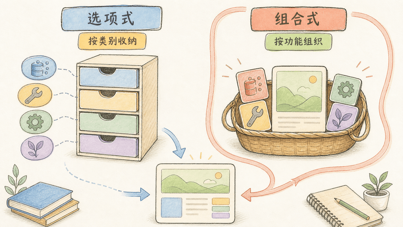 Vue 选项式 API 与组合式 API 两种代码组织方式的手绘对比图