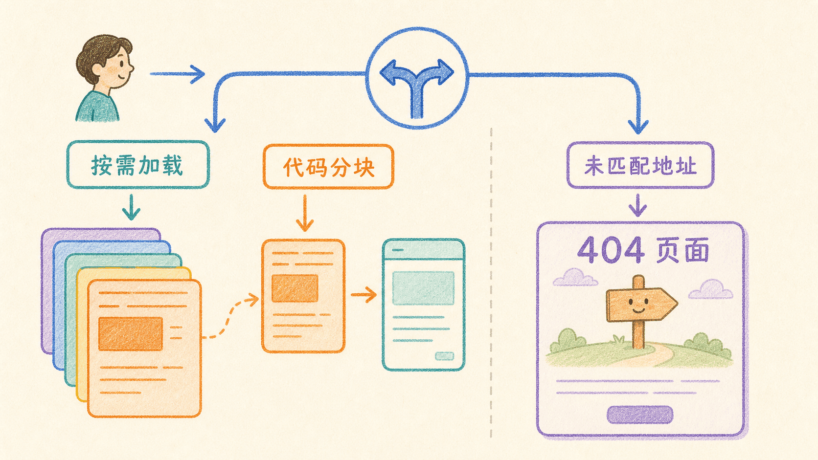路由页面按需加载代码分块,并由未匹配地址进入 404 页