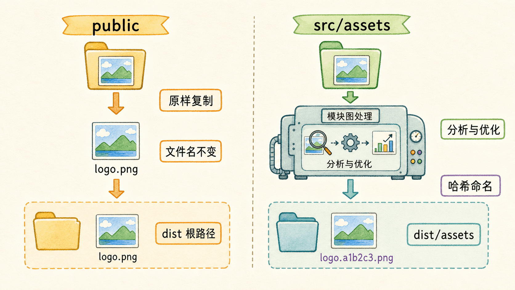src assets 进入模块图与 public 原样复制的对比图