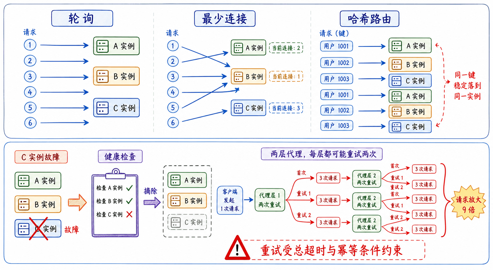 负载均衡策略、健康检查和重试放大之间的关系