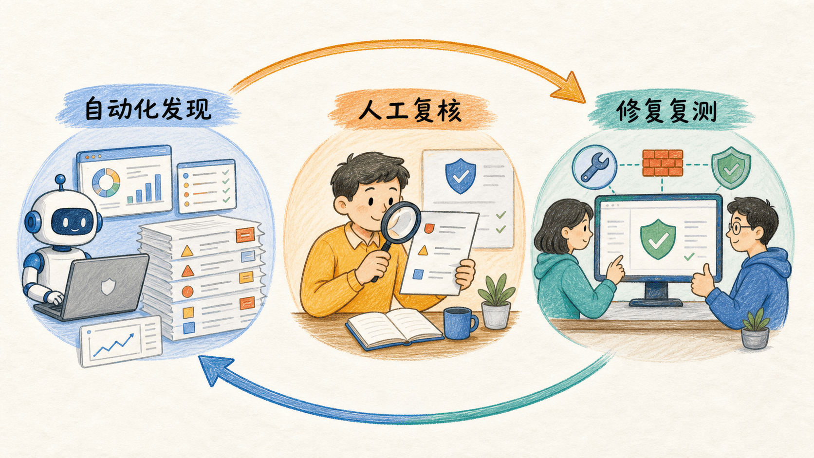 手绘图展示自动化发现、人工复核、修复复测首尾相接的协作闭环