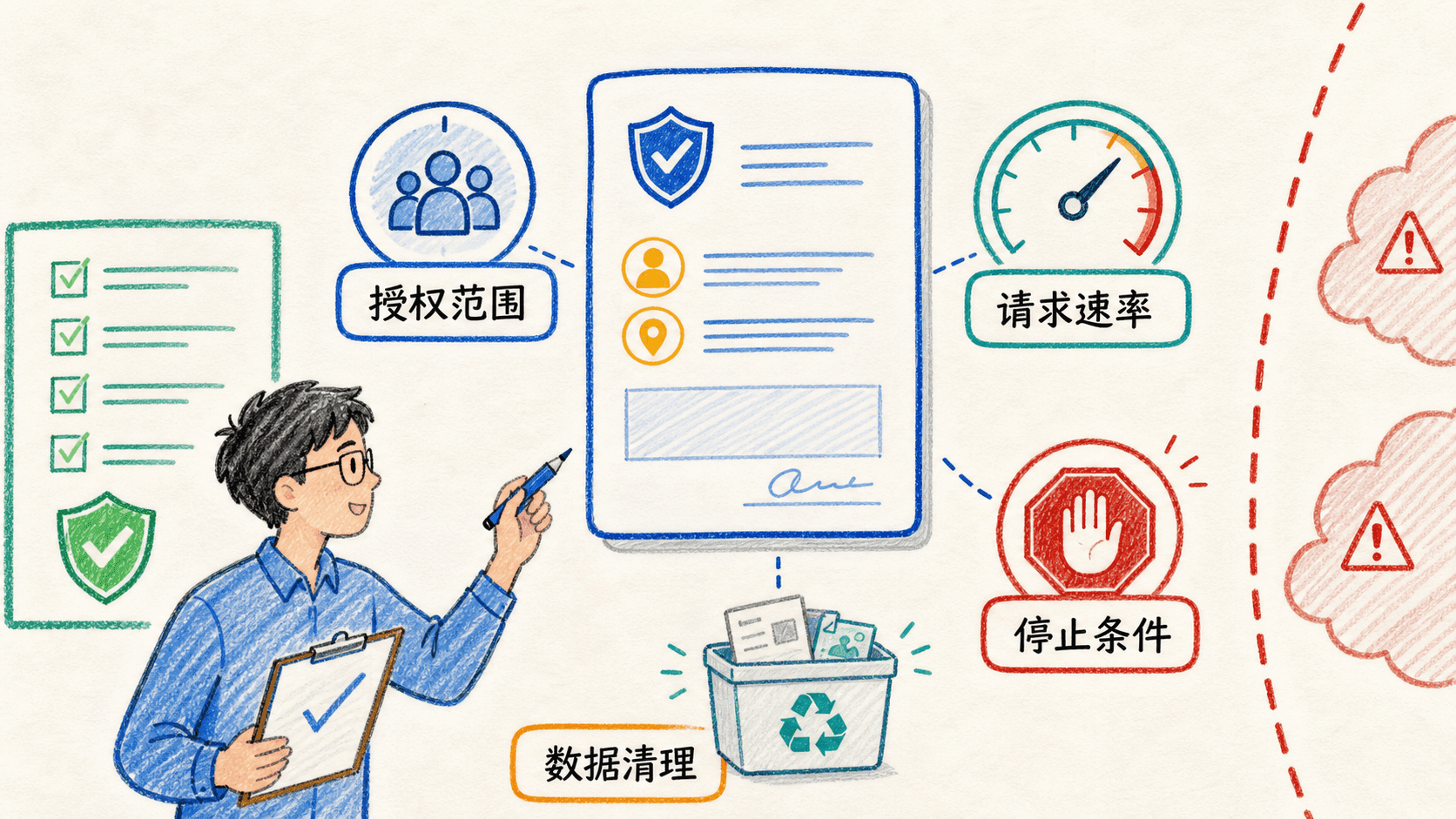 手绘图用授权范围、请求速率、停止条件和数据清理组成扫描安全边界卡