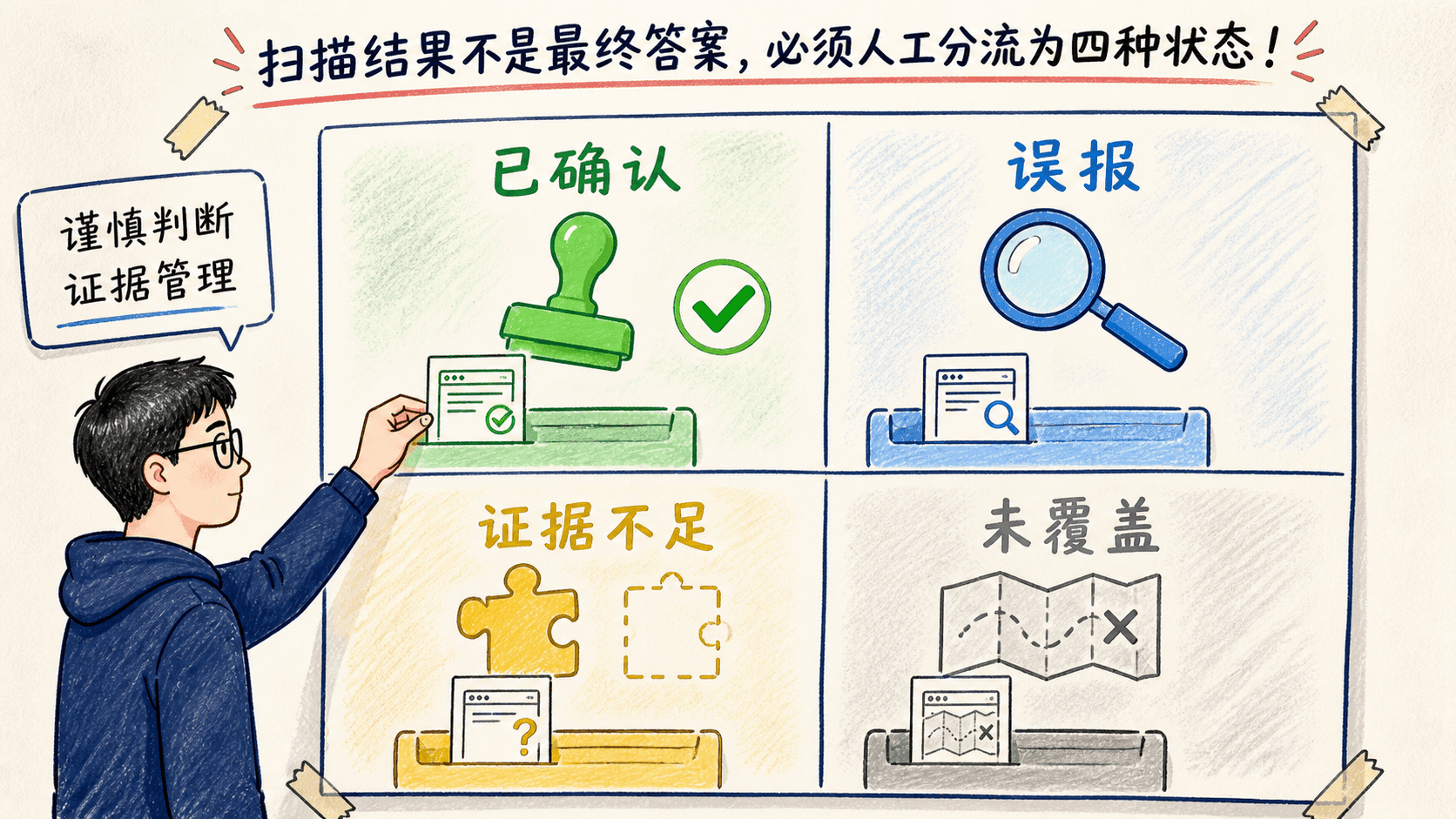 手绘四格判定板将扫描线索分为已确认、误报、证据不足和未覆盖