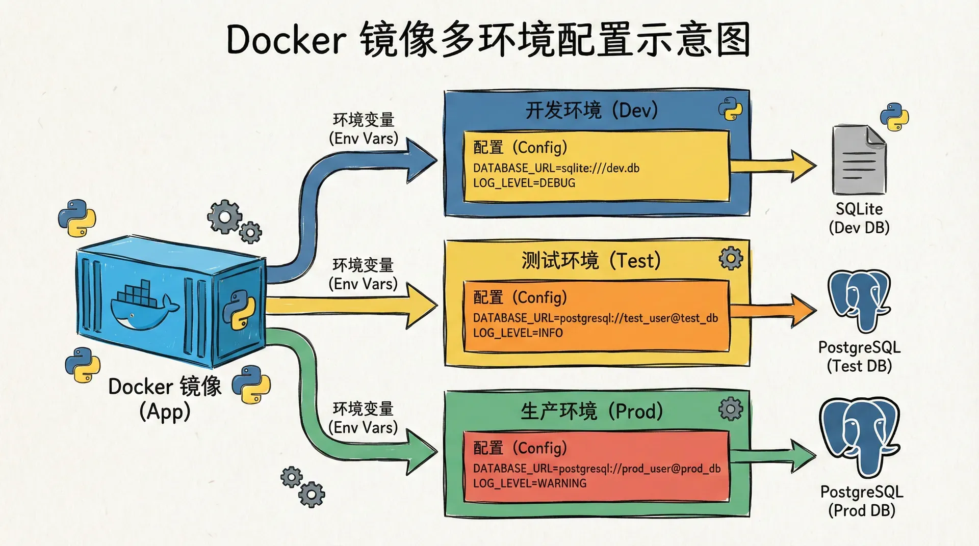 一张展示同一个Docker镜像通过不同环境变量在dev/test/prod三种环境下连接不同数据库的示意图,每个环境都有自己的配置块指向不同的DATABASE_URL 和日志级别
