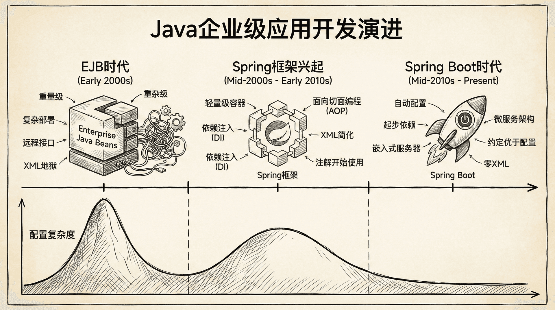 展示Java企业级应用开发从EJB时代到Spring Boot时代的演进时间线,包括各个阶段的特点和配置复杂度的变化曲线