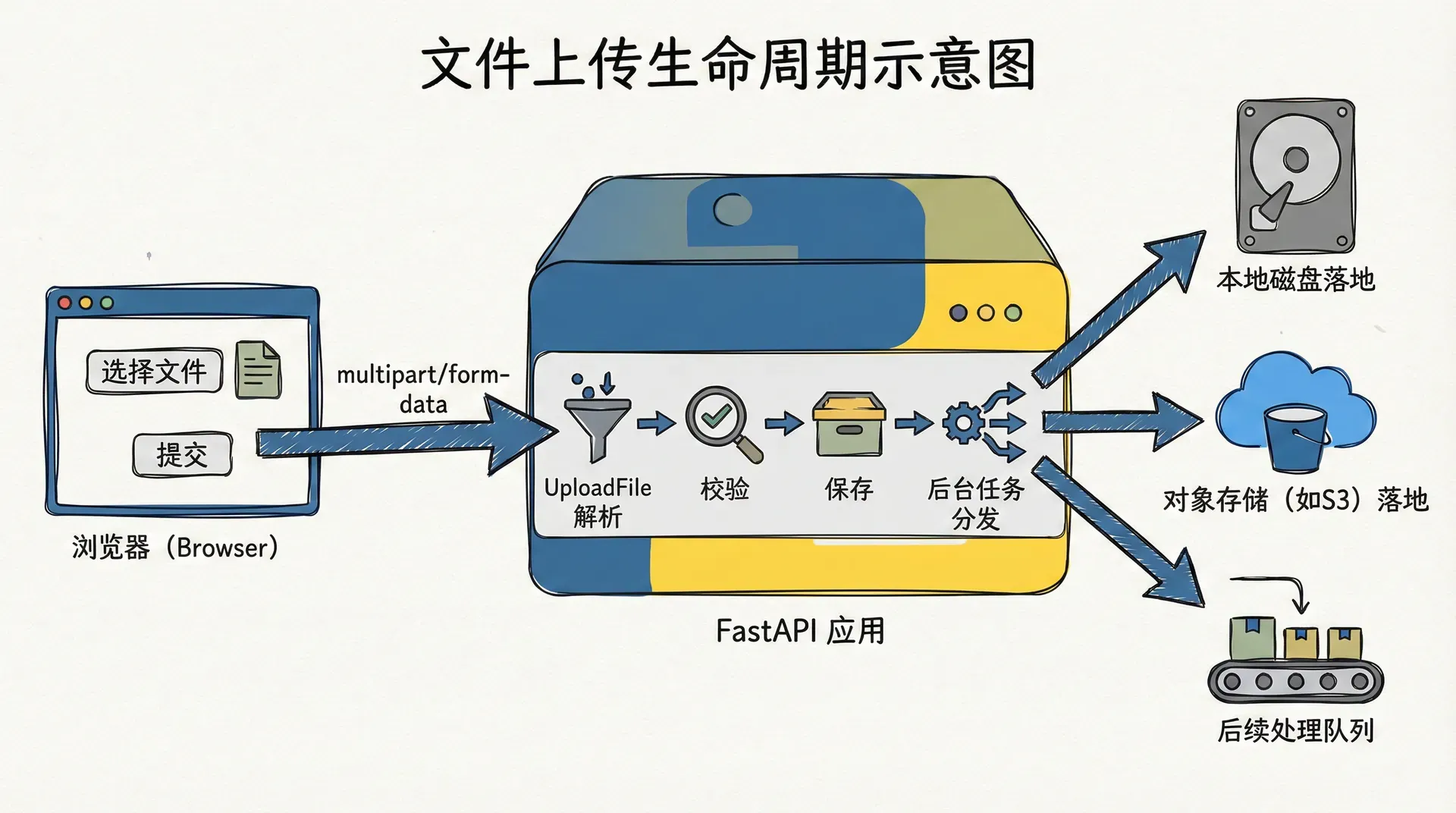 一张文件上传生命周期示意图,左侧是浏览器选择文件并提交multipart/form-data,中间是FastAPI用 UploadFile 解析、校验、保存与后台任务分发,右侧是本地磁盘与对象存储(如S3)的文件落地和后续处理队列