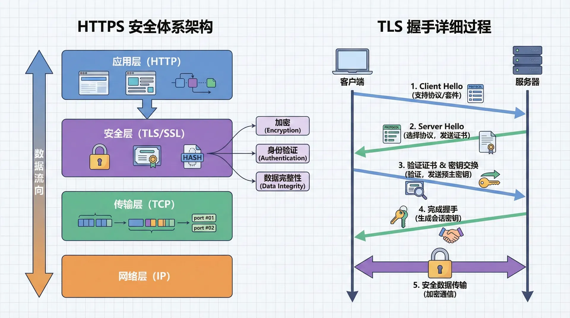展示HTTPS的完整架构,包括HTTP层、TLS层、TCP层等各个层次,以及加密、身份验证、数据完整性保护等安全机制,用分层架构图的方式展示HTTPS的安全体系,同时展示TLS握手的详细过程