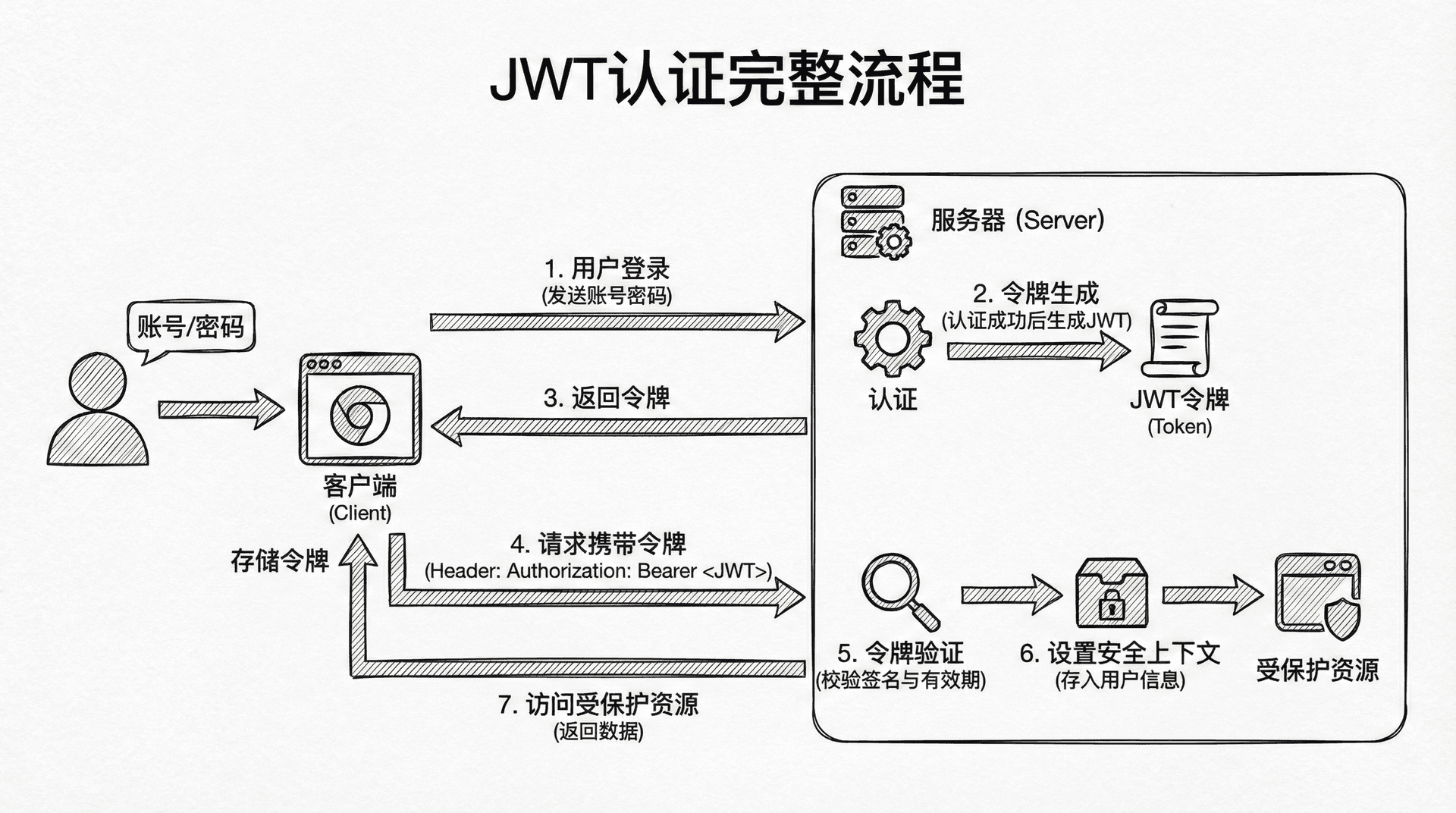 展示JWT认证的完整流程,从用户登录、令牌生成、请求携带令牌、令牌验证到安全上下文设置的完整过程