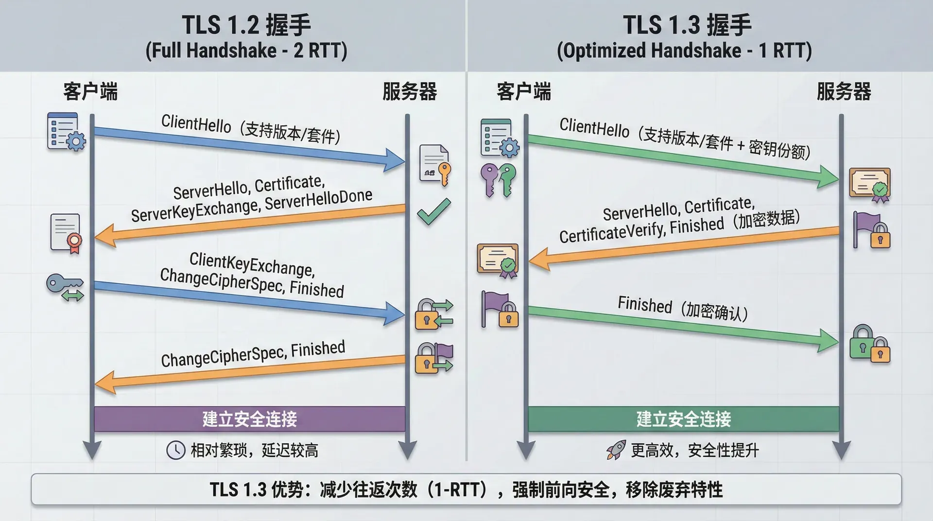 展示TLS握手的完整流程,包括ClientHello、ServerHello、Certificate、ClientKeyExchange、Finished等各个消息的交换,用时序图的方式展示TLS握手的详细过程,同时展示TLS 1.2和TLS 1.3的区别