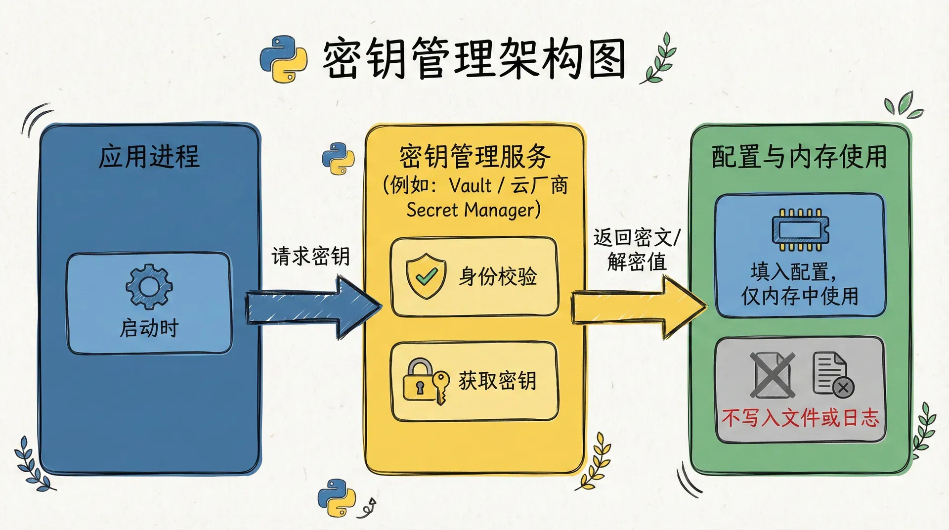 一张密钥管理架构图:应用进程在启动时向密钥管理服务(如 Vault 或云厂商 Secret Manager)请求密钥,服务校验身份后返回密文或解密后的值,应用将结果填入配置并仅在内存中使用,不写入文件或日志