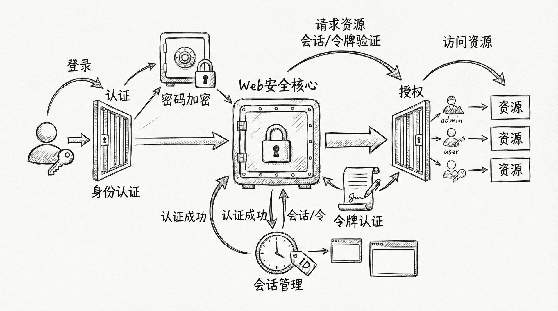 展示Web安全的核心概念,包括身份认证、授权、密码加密、会话管理、令牌认证等安全机制的关系和作用