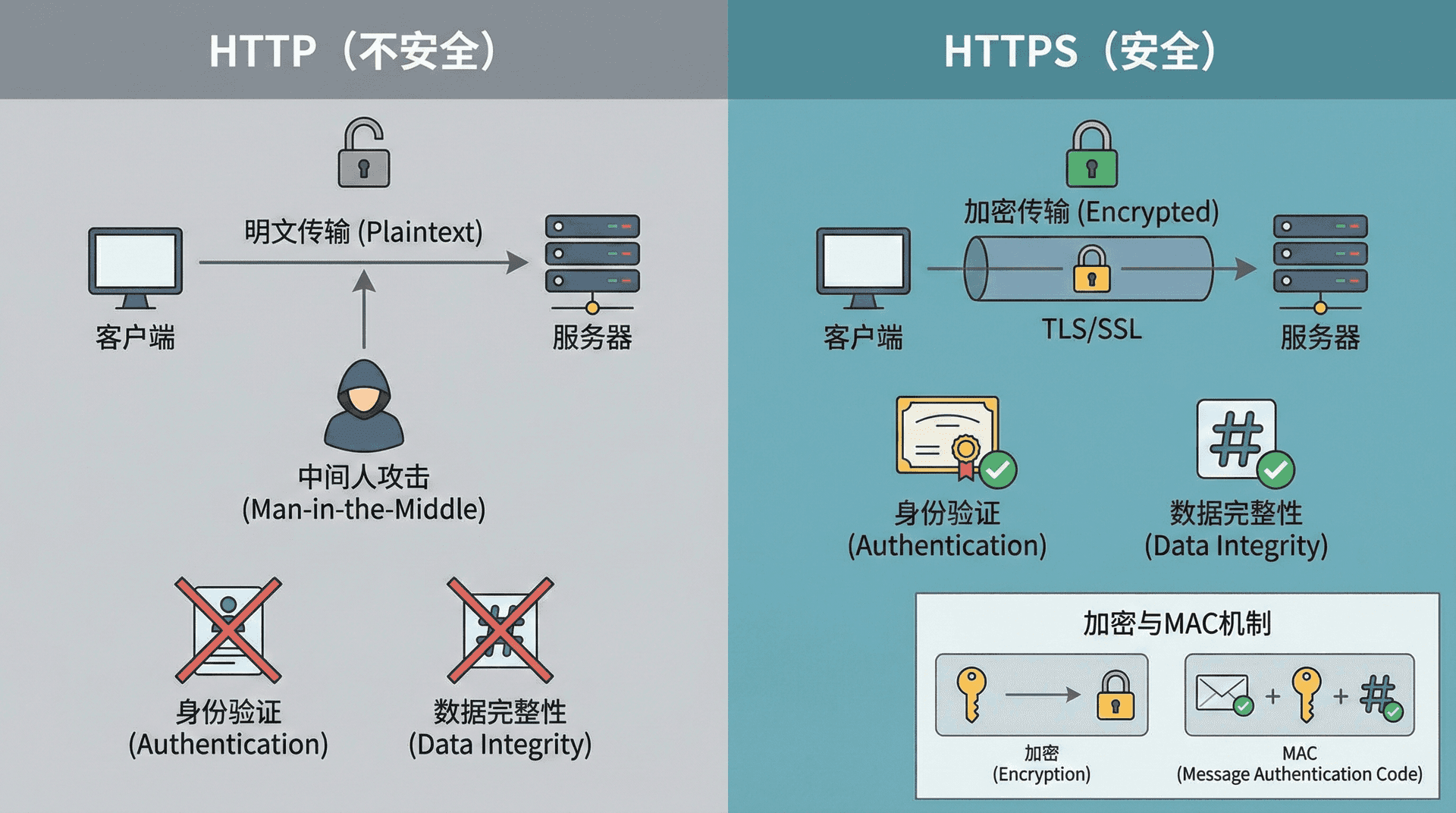 展示HTTPS与HTTP的对比,包括加密传输、身份验证、数据完整性保护等安全特性的对比,用对比图的方式展示HTTPS如何提供安全保护,同时展示加密和MAC的工作机制