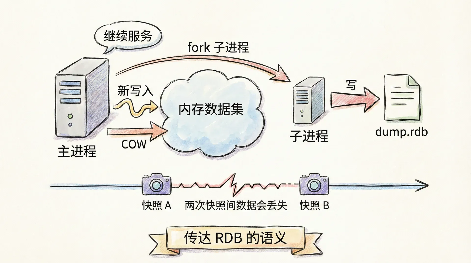 插图prompt: 示意图:内存数据集 → fork 子进程 → 子进程写 dump.rdb;主进程继续服务,新写入通过 COW 与子进程共享;标注「两次快照间数据会丢失」,传达 RDB 的语义