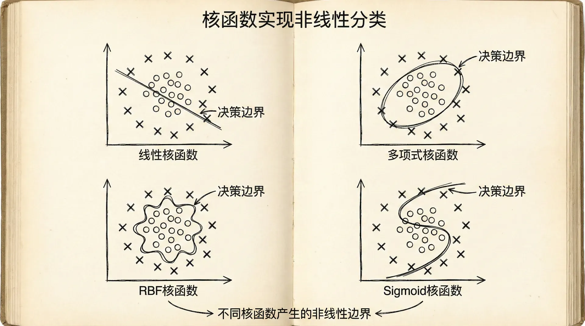 几个子图,展示不同核函数在同一数据集上产生的决策边界