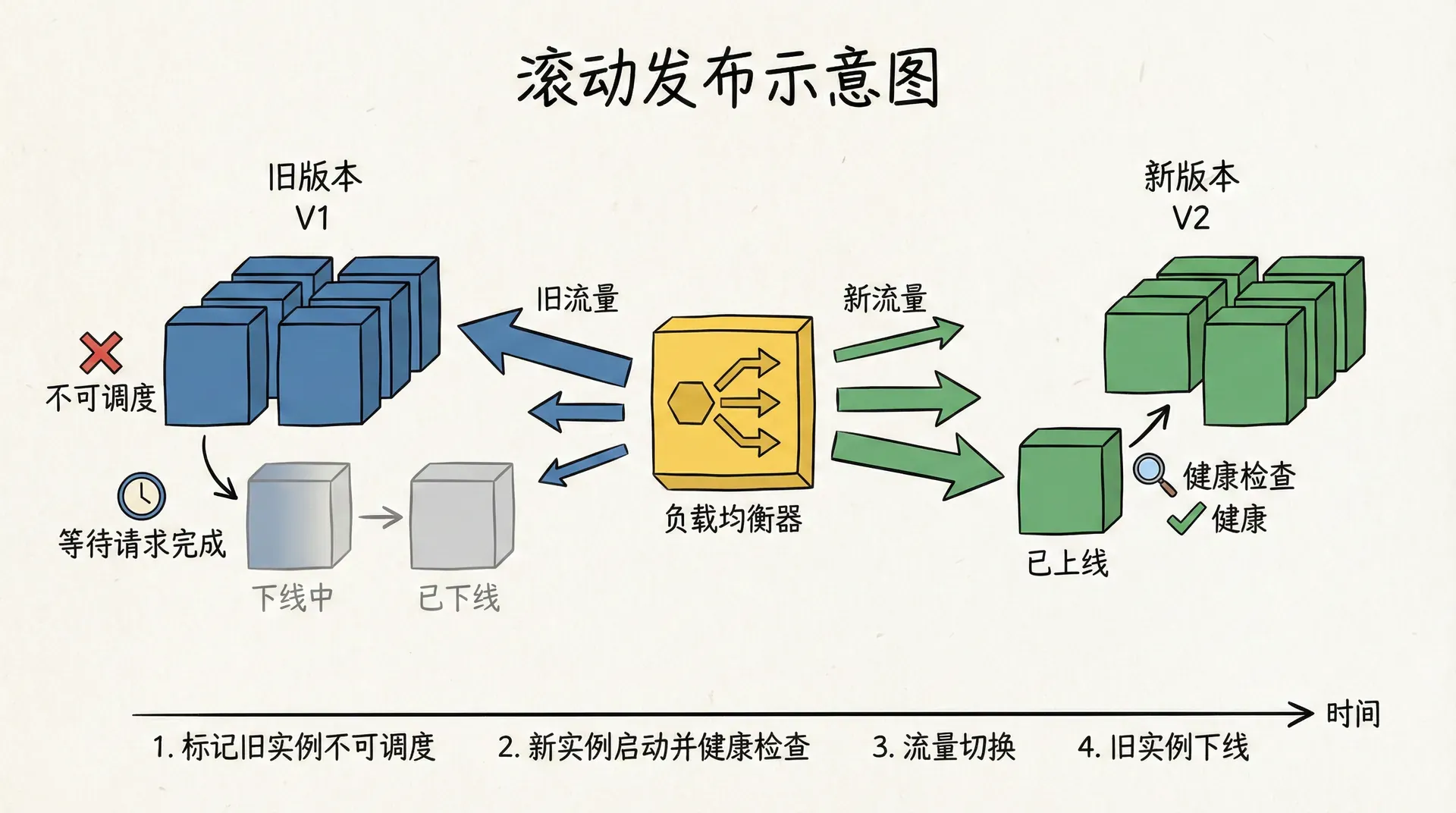 一张滚动发布示意图,展示旧版本实例逐个被标记为“不可调度”、等待请求完成并下线的过程,同时新版本实例通过健康检查上线,负载均衡器逐步把流量切换到新实例