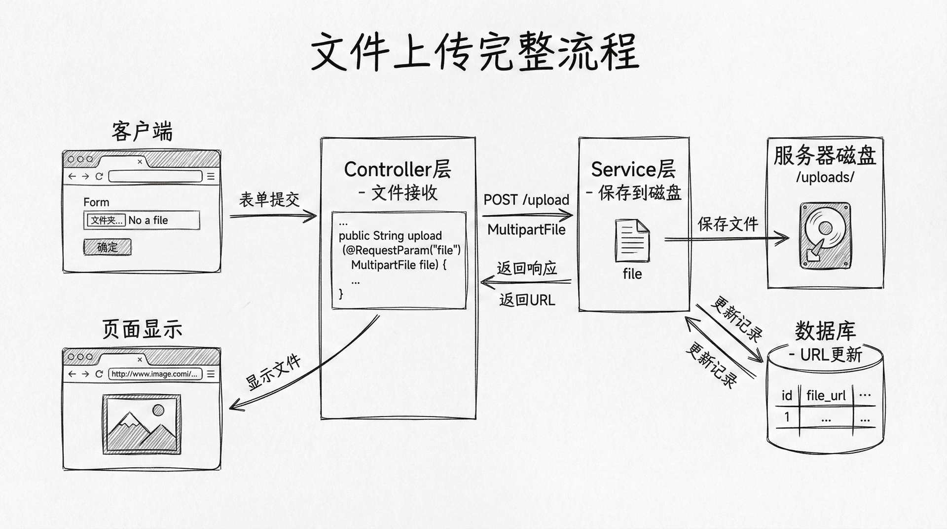 展示文件上传的完整流程,从表单提交、文件接收、保存到磁盘、URL更新到页面显示的完整过程