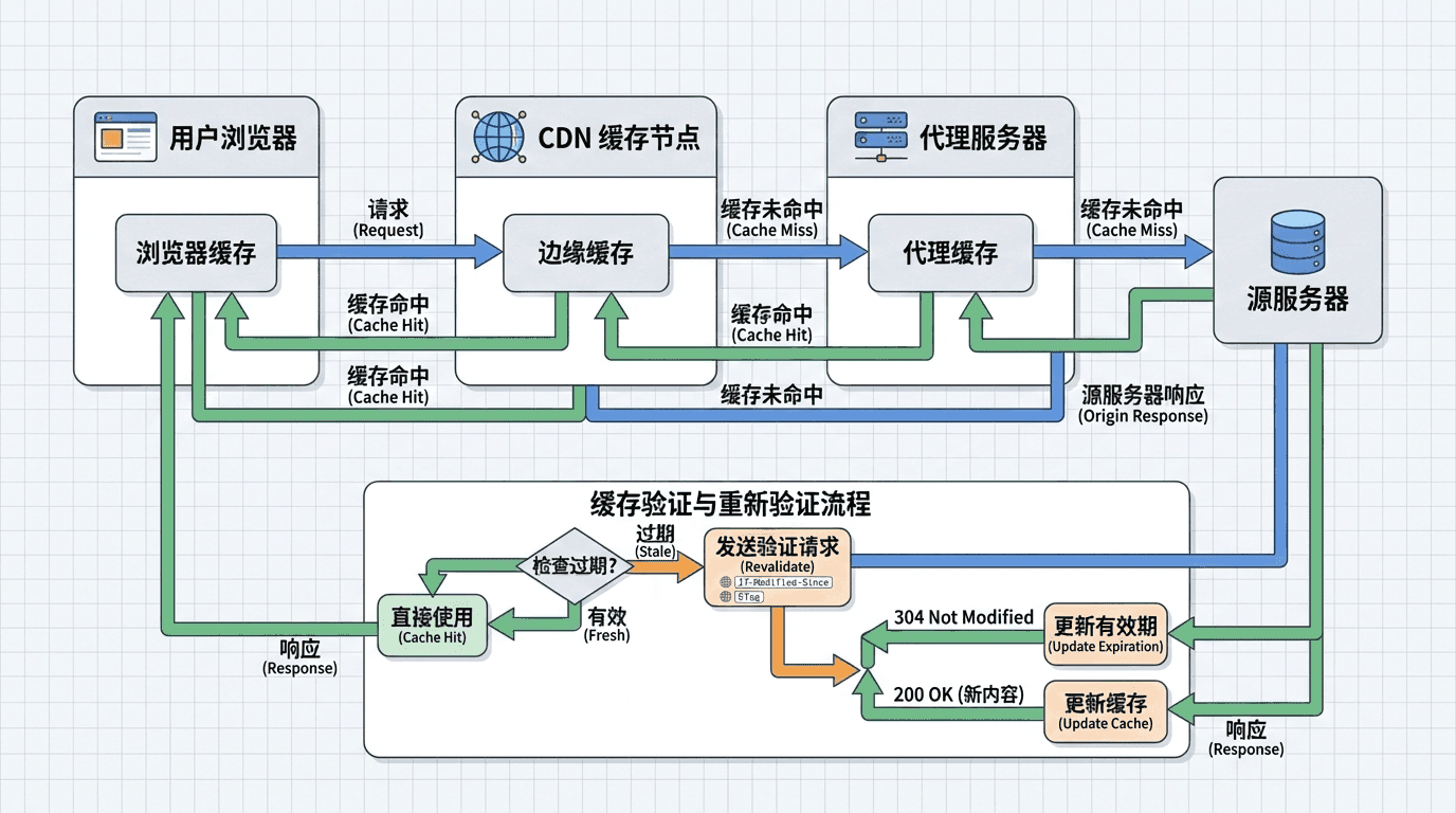 展示缓存如何提高性能,包括请求处理时间的对比、带宽使用的对比、服务器负载的对比等,用对比图的方式展示缓存带来的性能提升,同时展示不同缓存层次的性能贡献