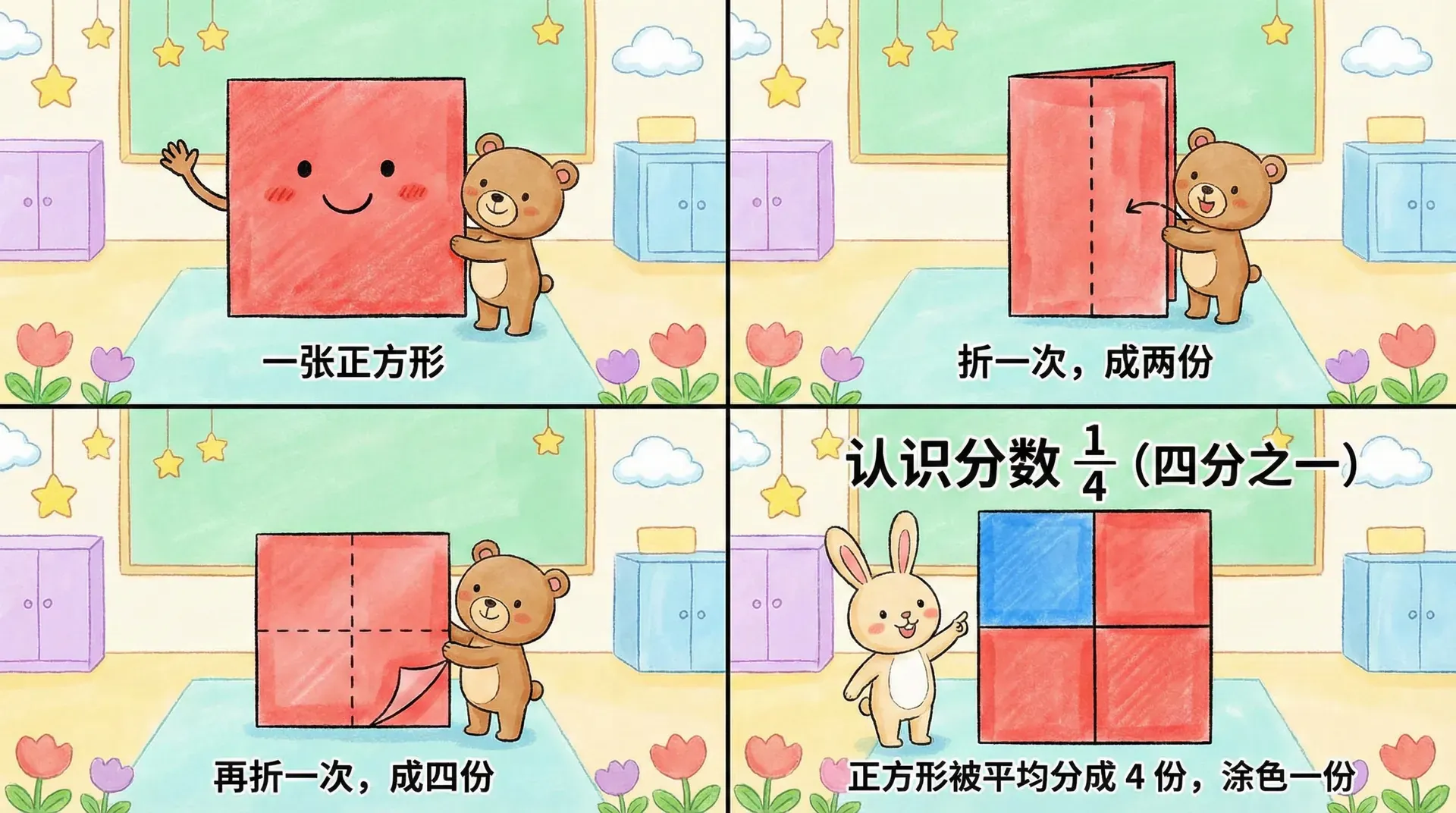 正方形折两次,分成 4 份,其中一份涂颜色,表示 1/4