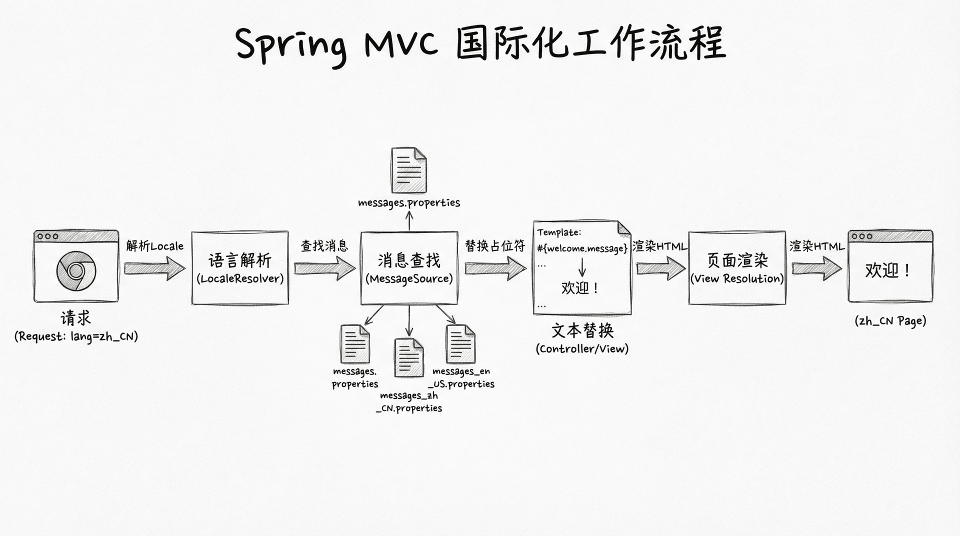 展示Spring MVC国际化的工作流程,从语言解析、消息查找、文本替换到页面渲染的完整过程
