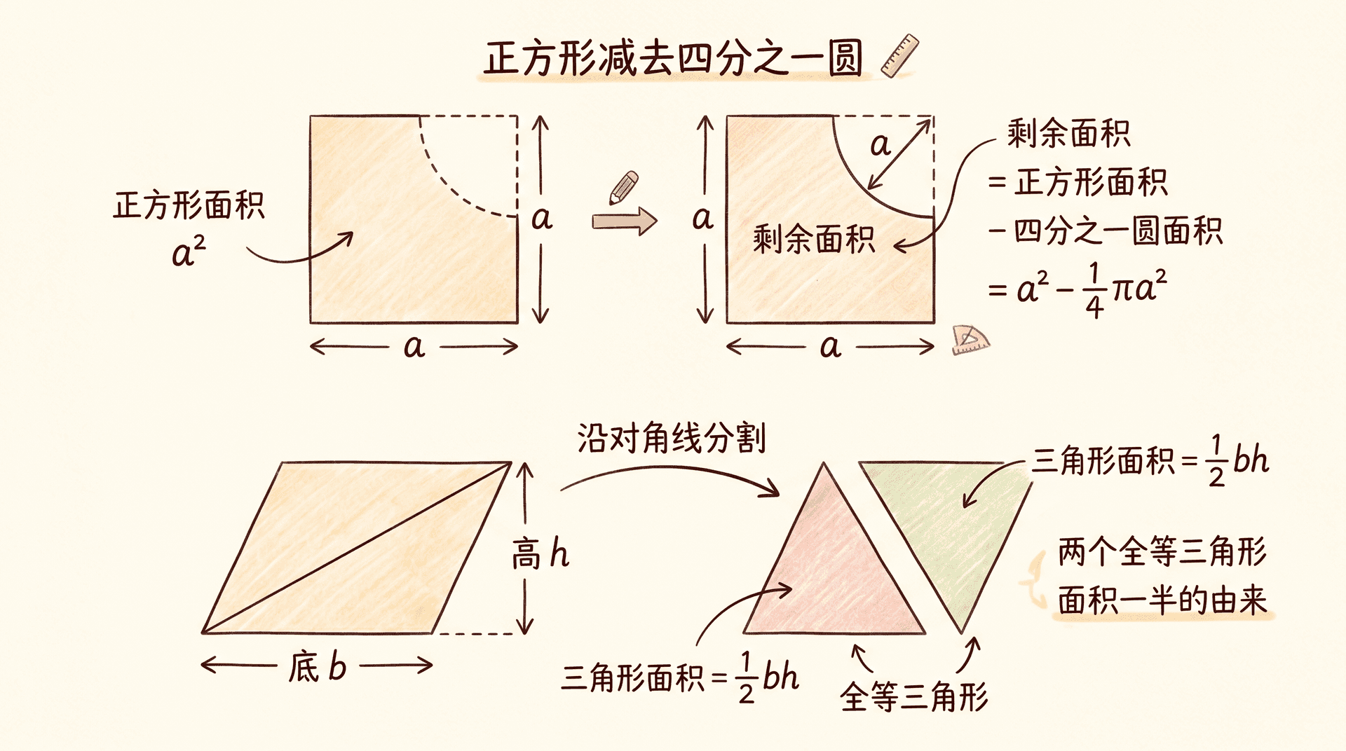 割补法示意图:上方展示正方形减去四分之一圆的组合图形,各部分标注面积;下方展示平行四边形沿对角线拆分为两个全等三角形,箭头标示底b和高h,直观呈现面积一半的由来
