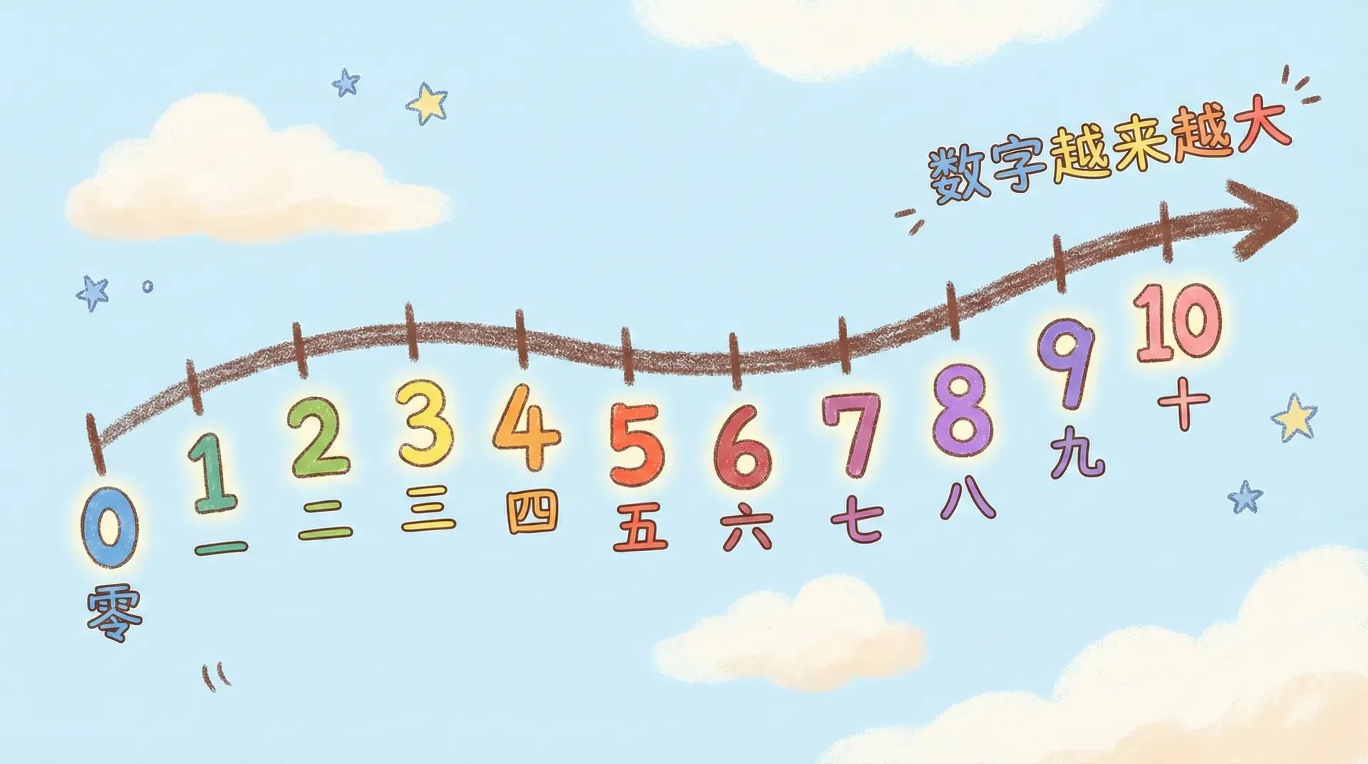 一条数轴从 0 到 10,箭头向右表示数字越来越大