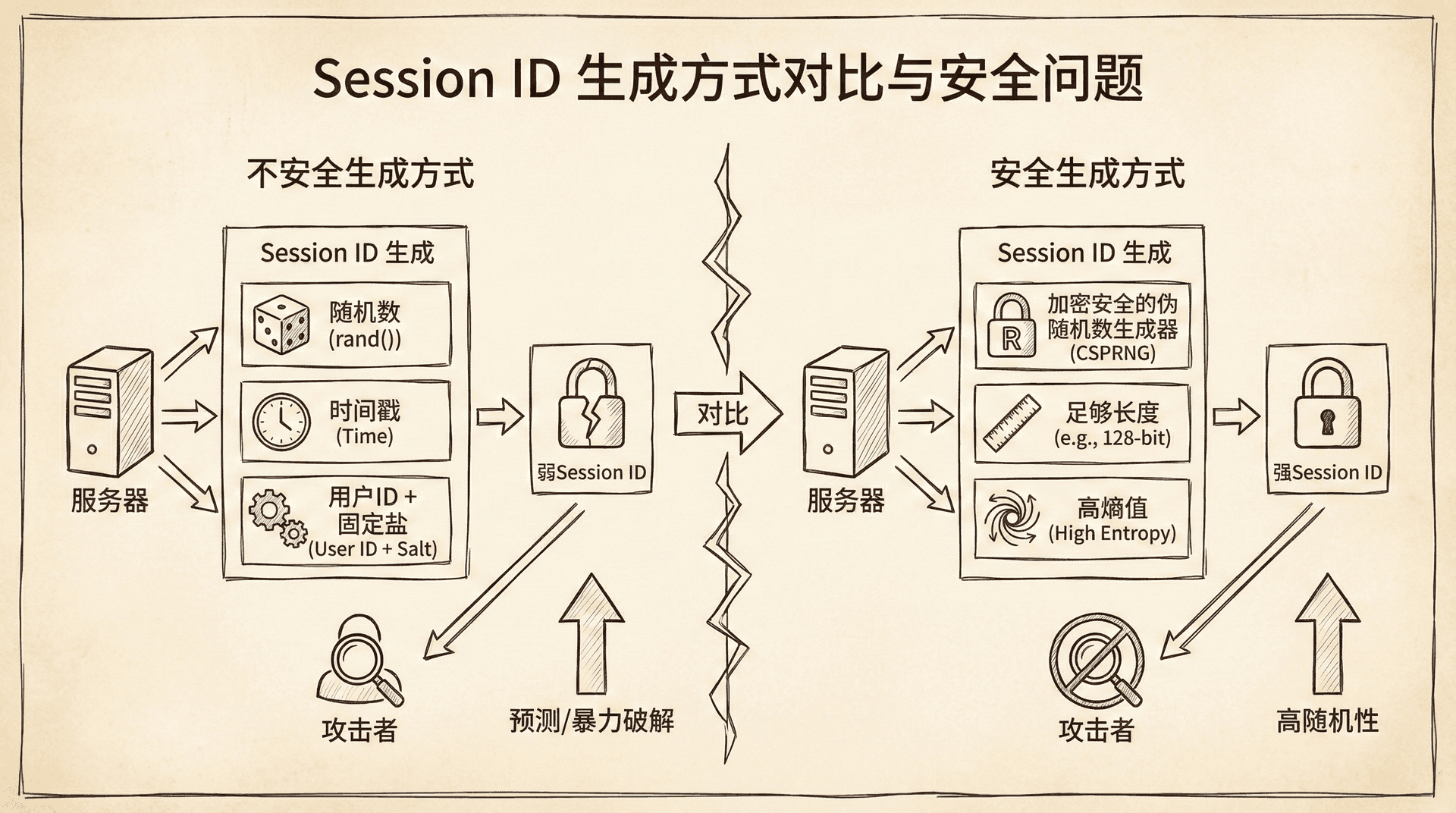图片描述:一个展示Session ID生成方式和安全问题的示意图,包含不安全的生成方式和安全生成方式的对比