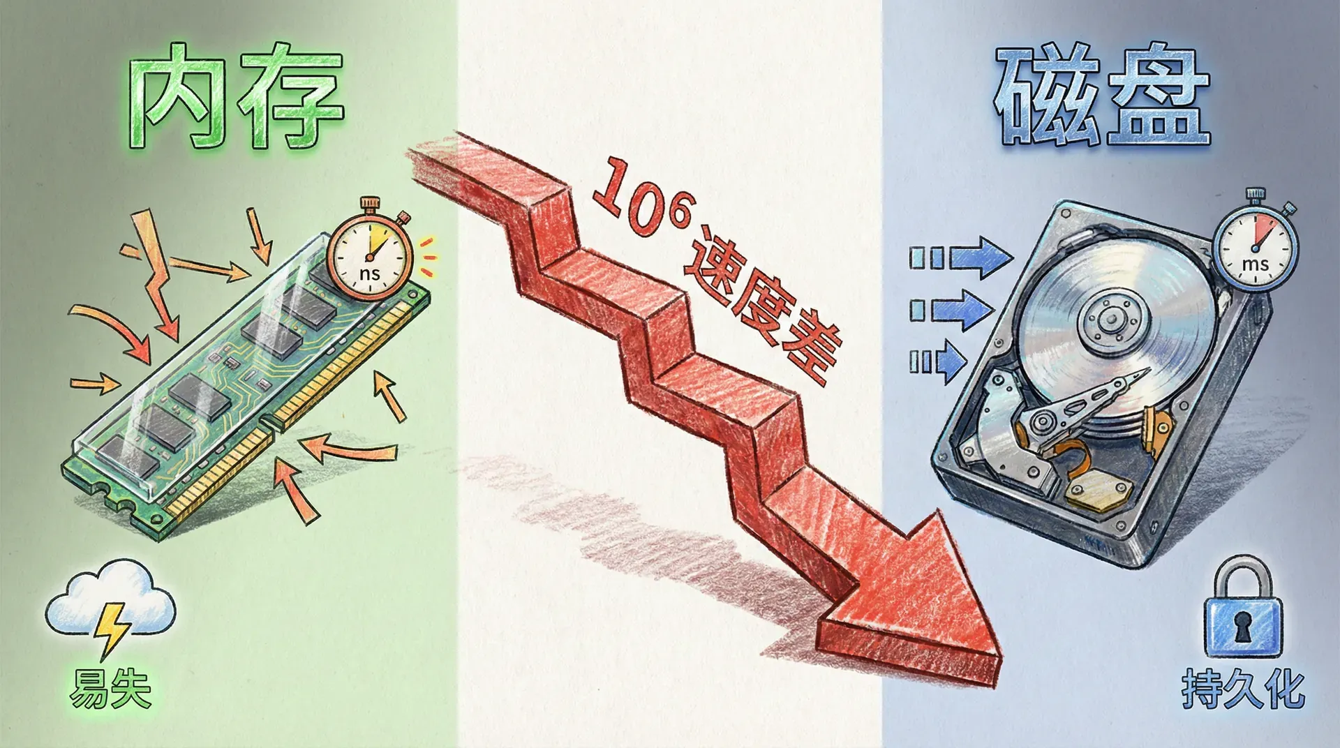 对比图:左侧为「内存」区域,标注纳秒级延迟、随机访问、易失;右侧为「磁盘」区域,标注毫秒级延迟、块访问、持久化;中间用一条巨大的速度差箭头或阶梯表示数量级差距,传达「内存与磁盘的本质差异」