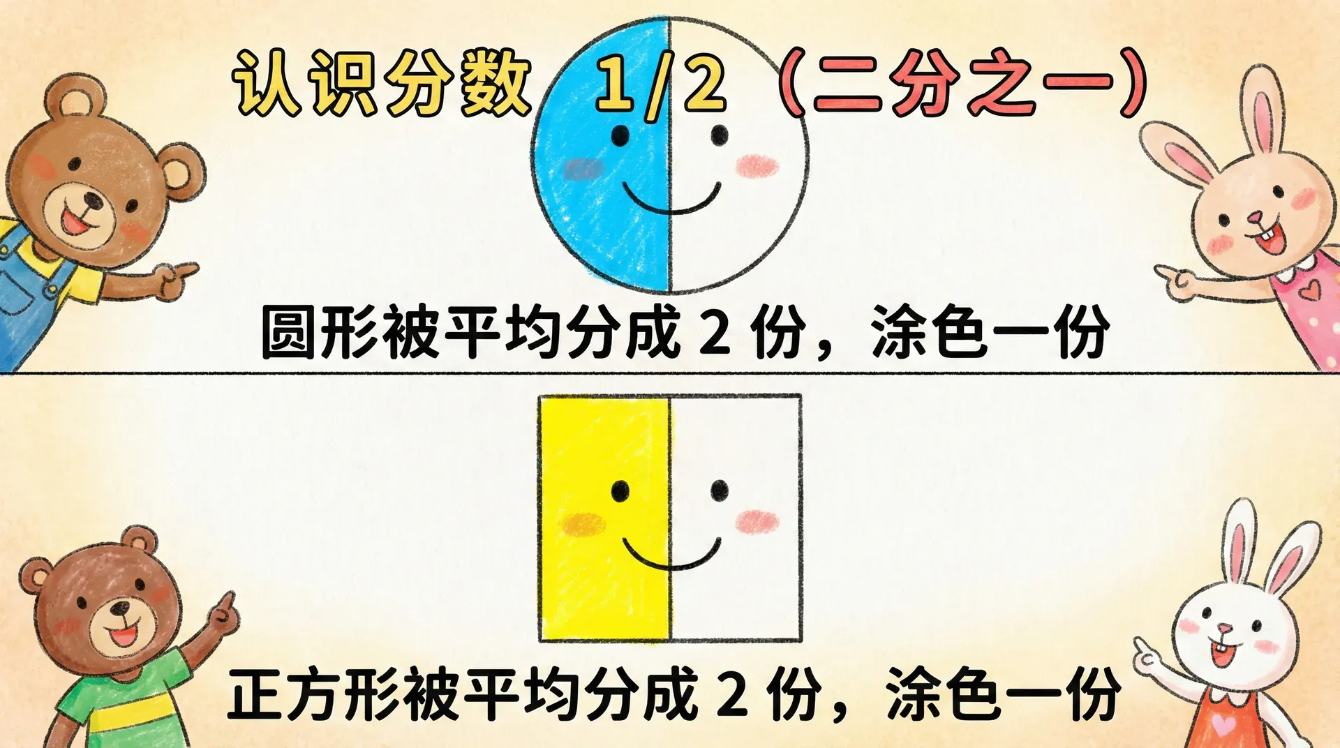 一个圆/正方形被平均分成 2 份,其中一份涂颜色,表示 1/2