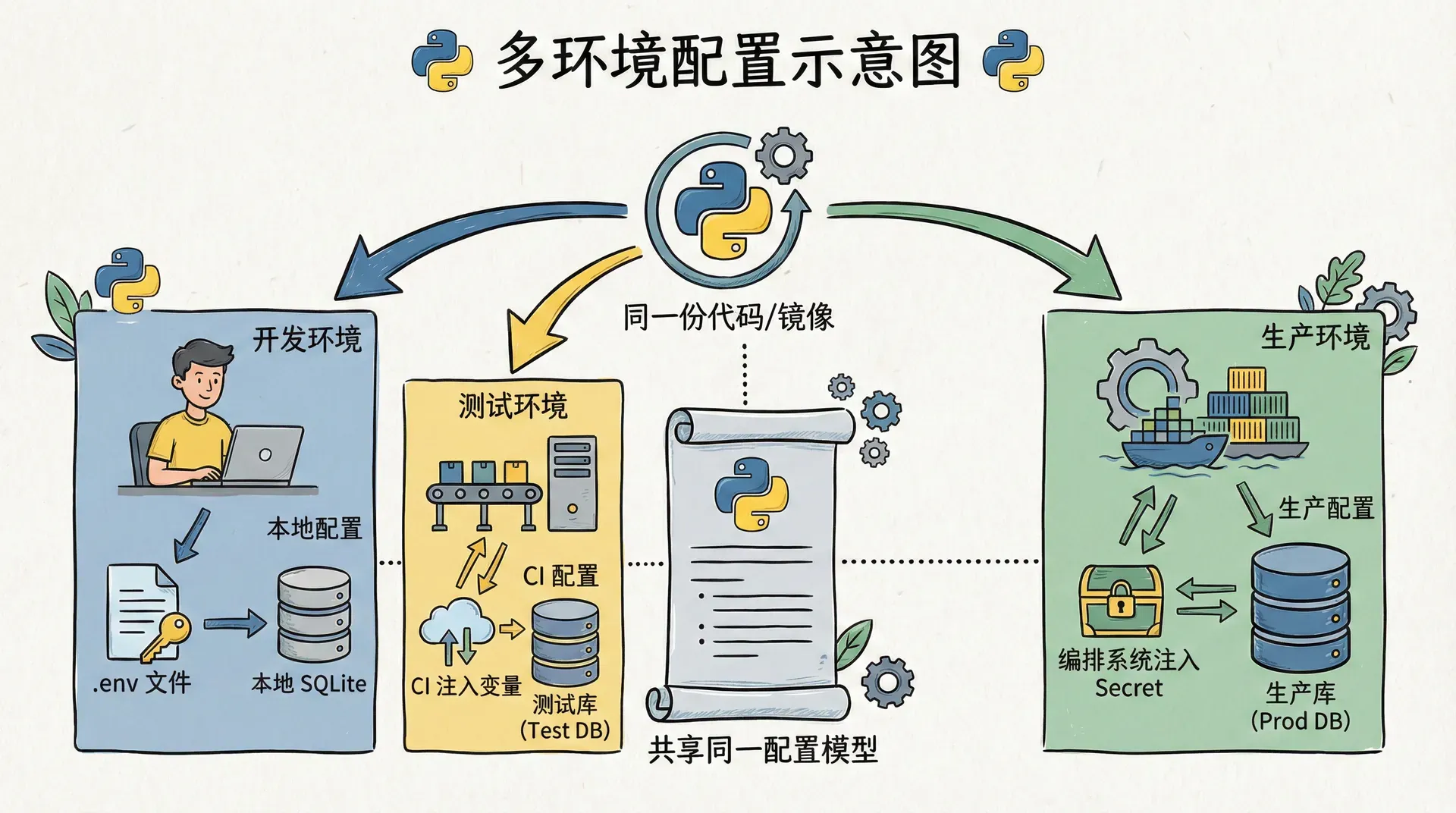 一张多环境配置示意图:同一份代码/镜像,左侧开发环境使用 .env 与本地 SQLite,中间测试环境由 CI 注入变量连接测试库,右侧生产环境由编排系统注入 Secret 连接生产库,三者共享同一配置模型