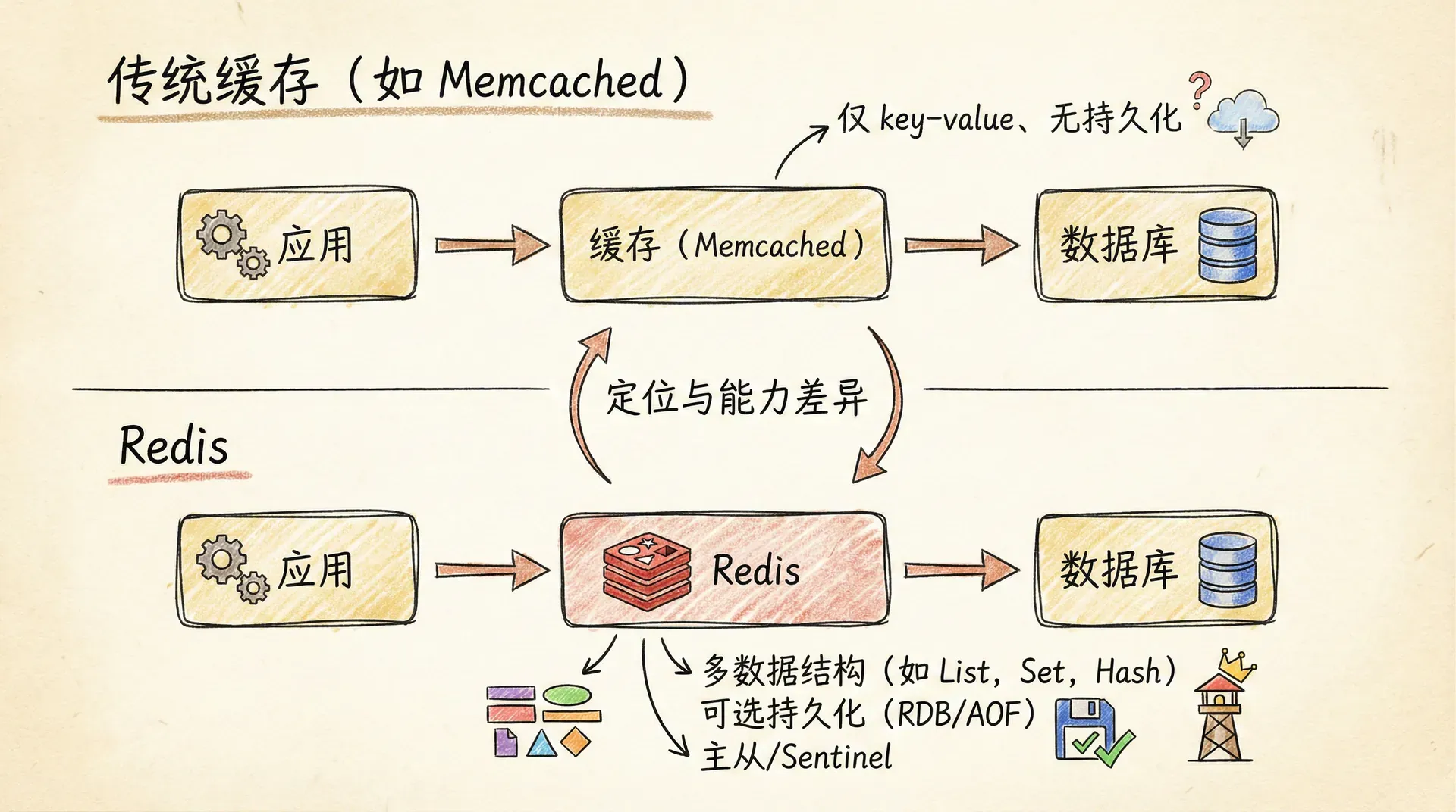 插图prompt: 架构对比图:上方为「传统缓存(如 Memcached)」:应用、缓存、数据库三层,缓存层标注「仅 key-value、无持久化」;下方为「Redis」:同样三层,但 Redis 层标注「多数据结构、可选持久化、主从/Sentinel」,传达二者在定位与能力上的差异