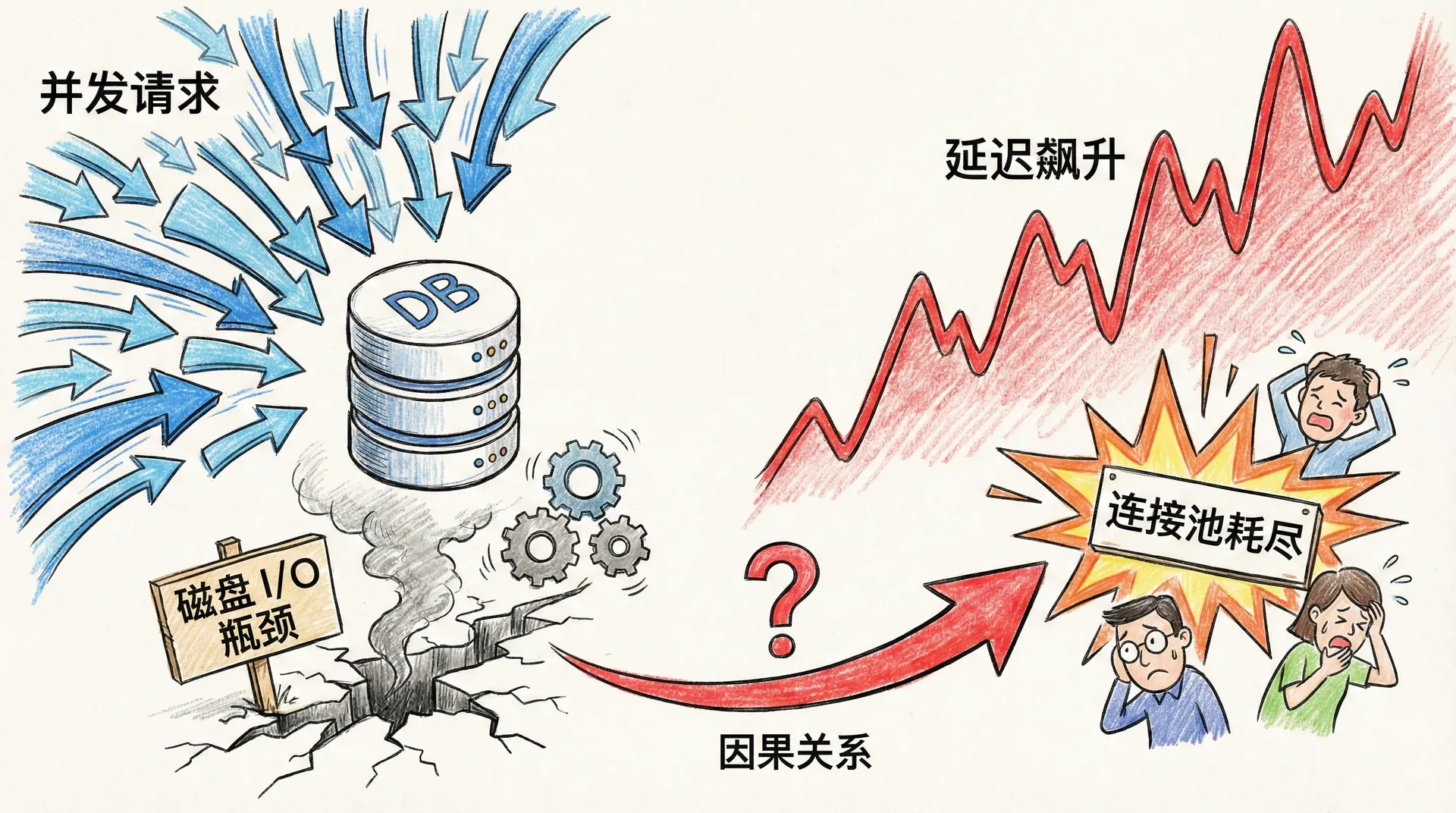 一幅架构示意图:左侧为大量并发请求箭头指向一个数据库图标,数据库下方标注「磁盘 I/O 瓶颈」,右侧用红色波浪线表示延迟飙升与连接池耗尽,整体传达「高并发下数据库成为瓶颈」的因果关系