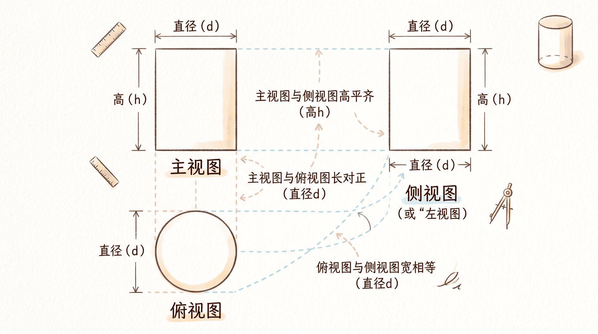 三视图示意图:展示圆柱的三视图——主视图(矩形)、侧视图(矩形)、俯视图(圆),三张视图按标准位置排布并标注三等关系