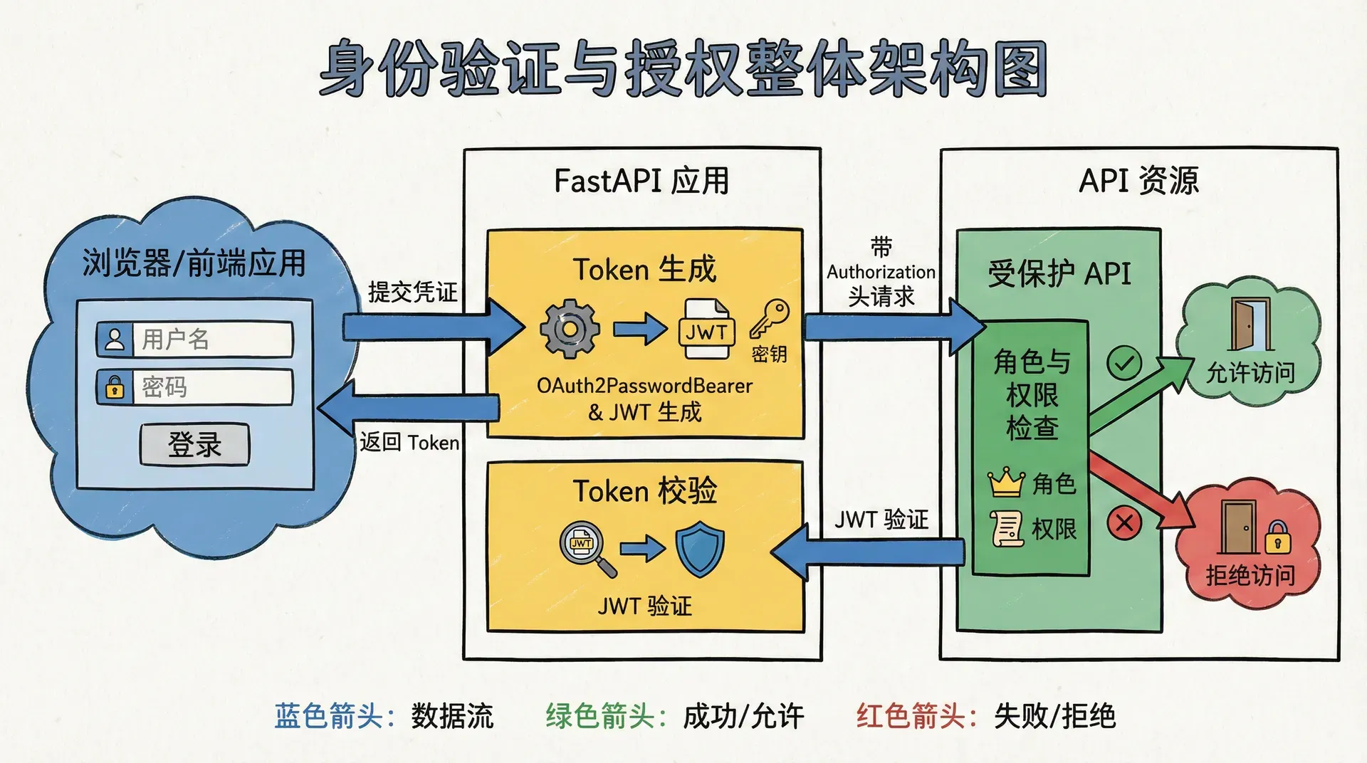 一张身份验证与授权的整体架构图,左侧是浏览器或前端应用输入用户名密码,中间展示FastAPI应用通过OAuth2PasswordBearer和JWT生成与校验token,右侧展示带Authorization头的API请求如何根据角色与权限决定是否允许访问