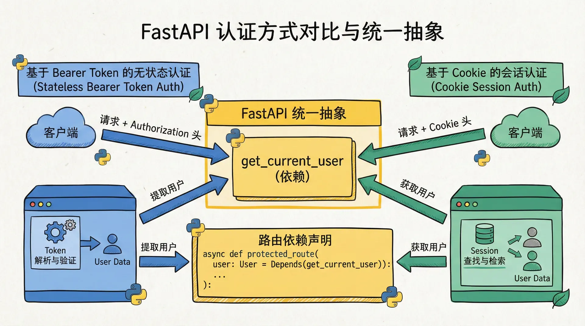 对比图,一侧是基于Bearer token的无状态认证流程,另一侧是基于Cookie的会话认证流程,中间强调两者在FastAPI中都通过不同的 get_current_user 实现,但路由依赖声明可以保持一致