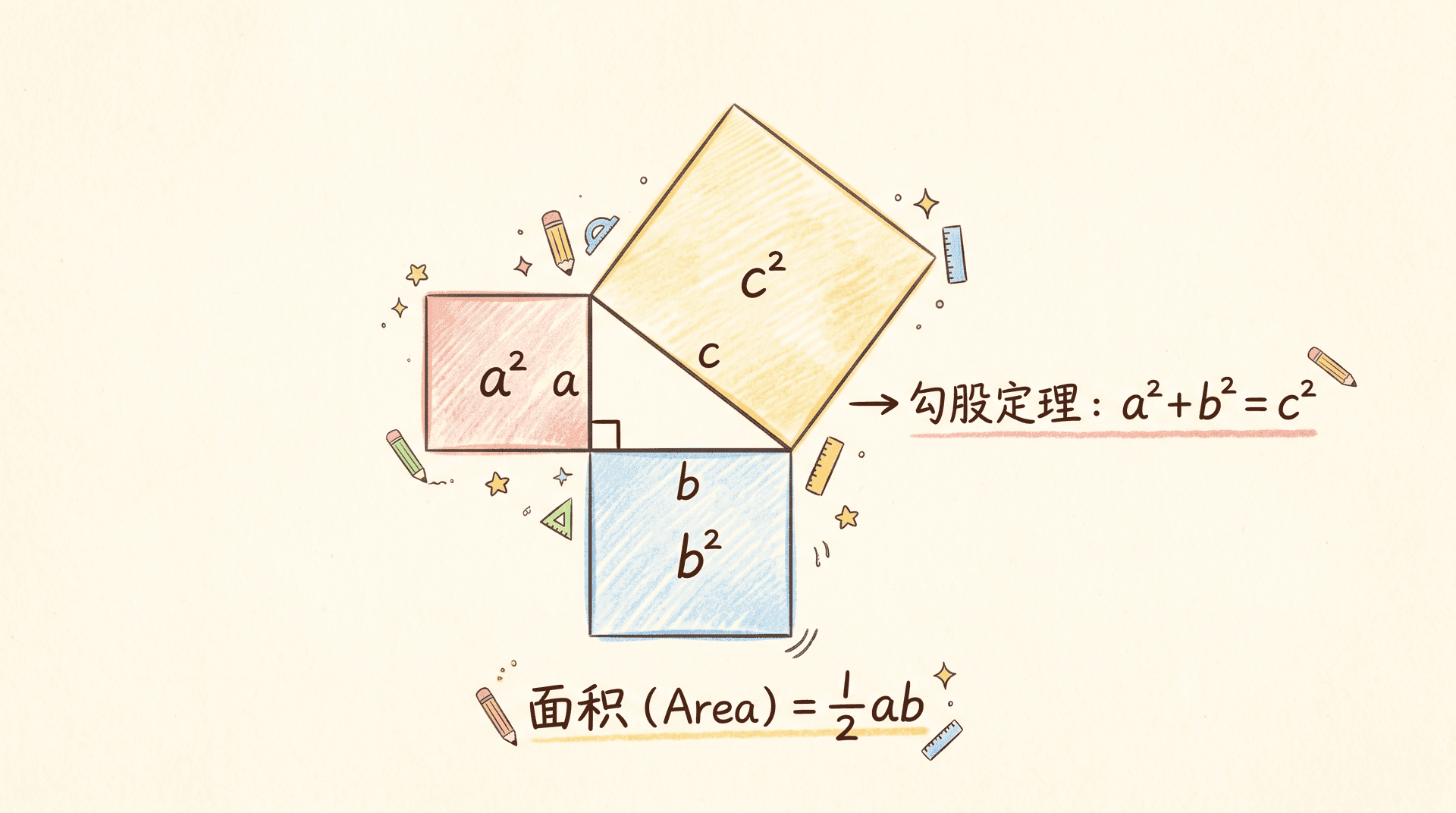 直角三角形的勾股关系与面积示意图:左侧展示直角三角形,两直角边标a和b,斜边标c,直角符号清晰;右侧展示面积的计算方式,即以a为底、b为高的矩形面积的一半,直观说明A=ab/2的几何意义