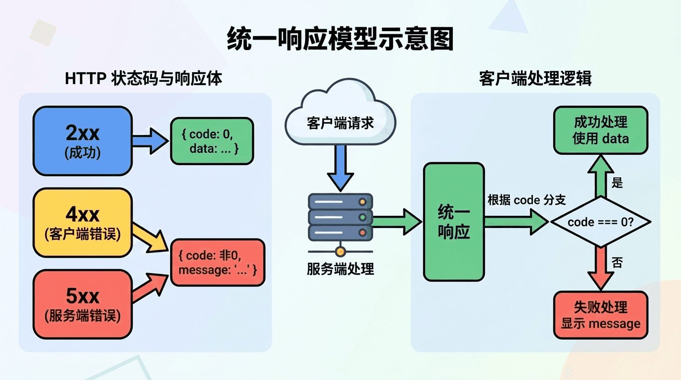 统一响应模型示意图:成功时返回 { code: 0, data: ... },失败时返回 { code: 非0, message: '...' };左侧标注 2xx/4xx/5xx 与 body 的对应关系,右侧标注客户端根据 code 分支处理;用简单框图表示。