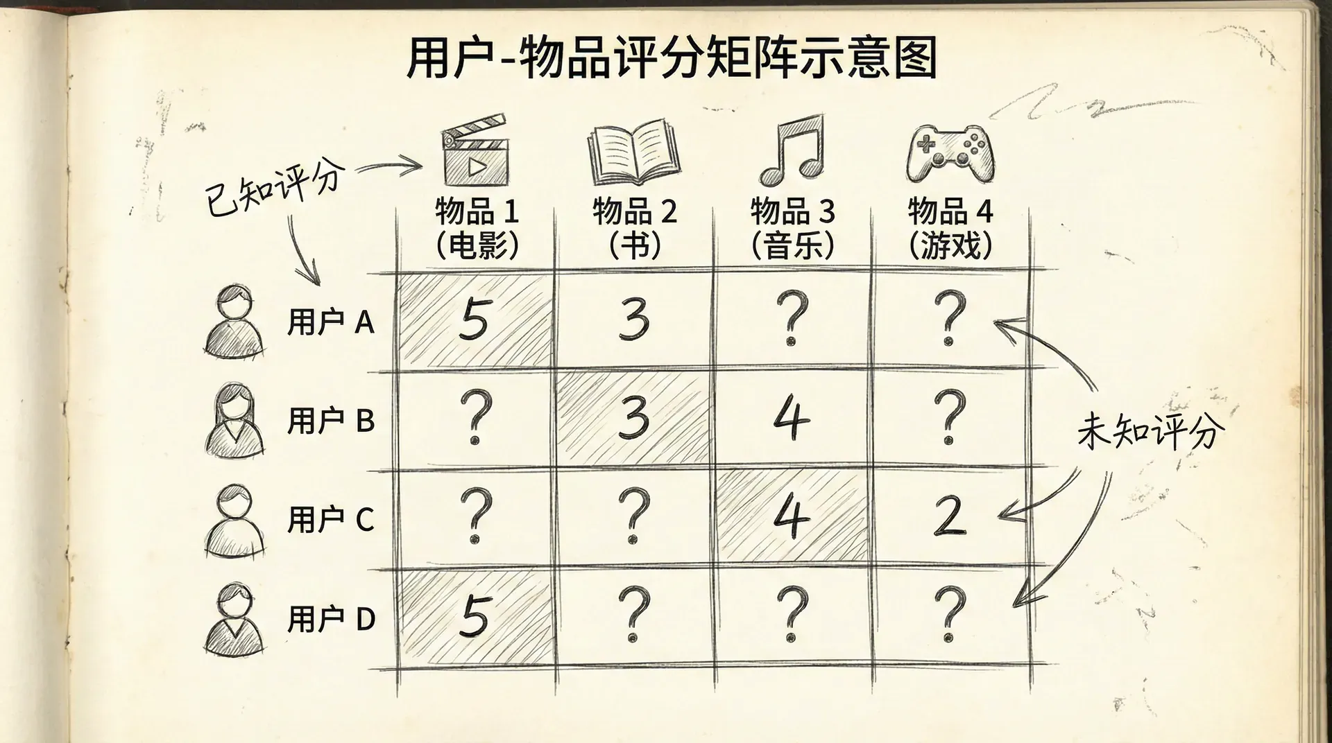 一个评分矩阵的示意图,展示用户-物品矩阵,已知评分用数字标记,未知评分用问号表示
