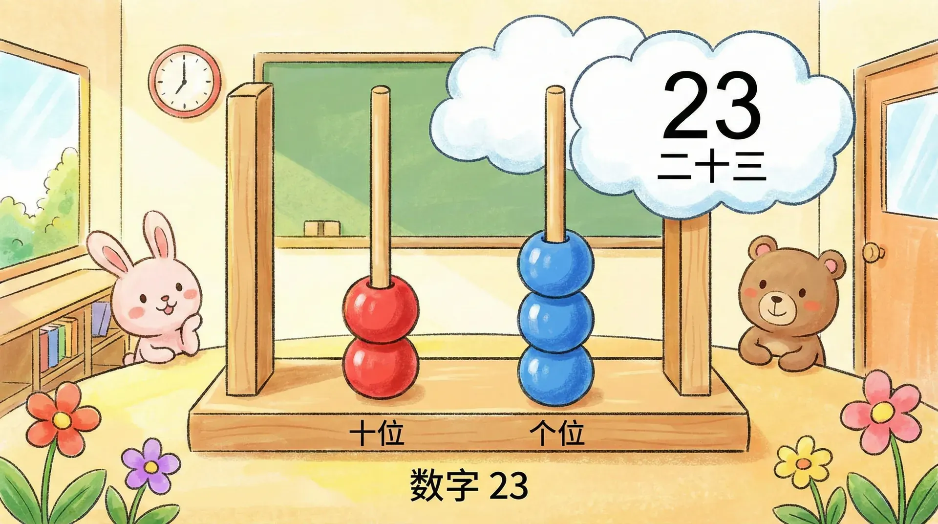 计数器图:两拨珠在十位、三拨珠在个位,表示数字 23