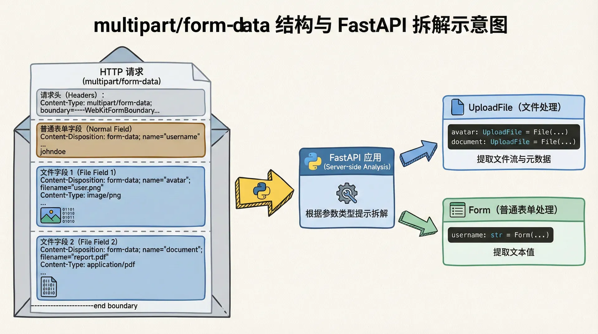 一张multipart/form-data结构示意图,显示同一个请求中如何同时包含多个 file 字段和若干普通表单字段,标出 FastAPI 在服务端如何根据参数类型提示把它们拆解成 UploadFile 和 Form 字段