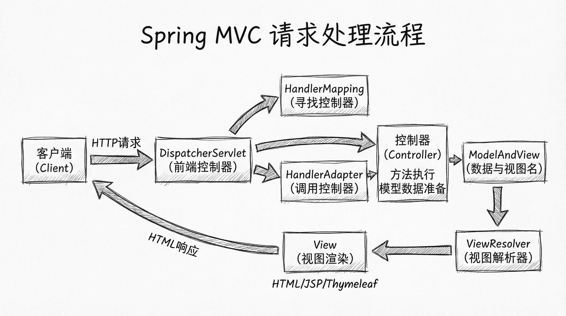 展示Spring MVC的请求处理流程,从HTTP请求到控制器方法执行、模型数据准备、视图渲染到HTML响应的完整过程
