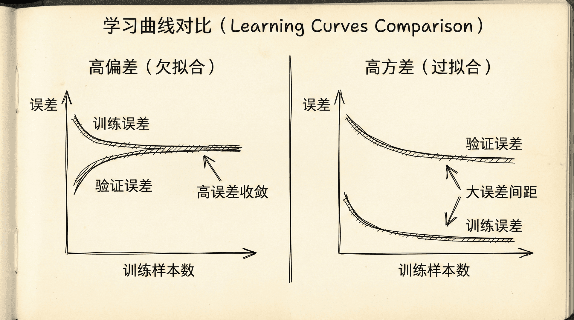 高偏差和高方差情况下的学习曲线