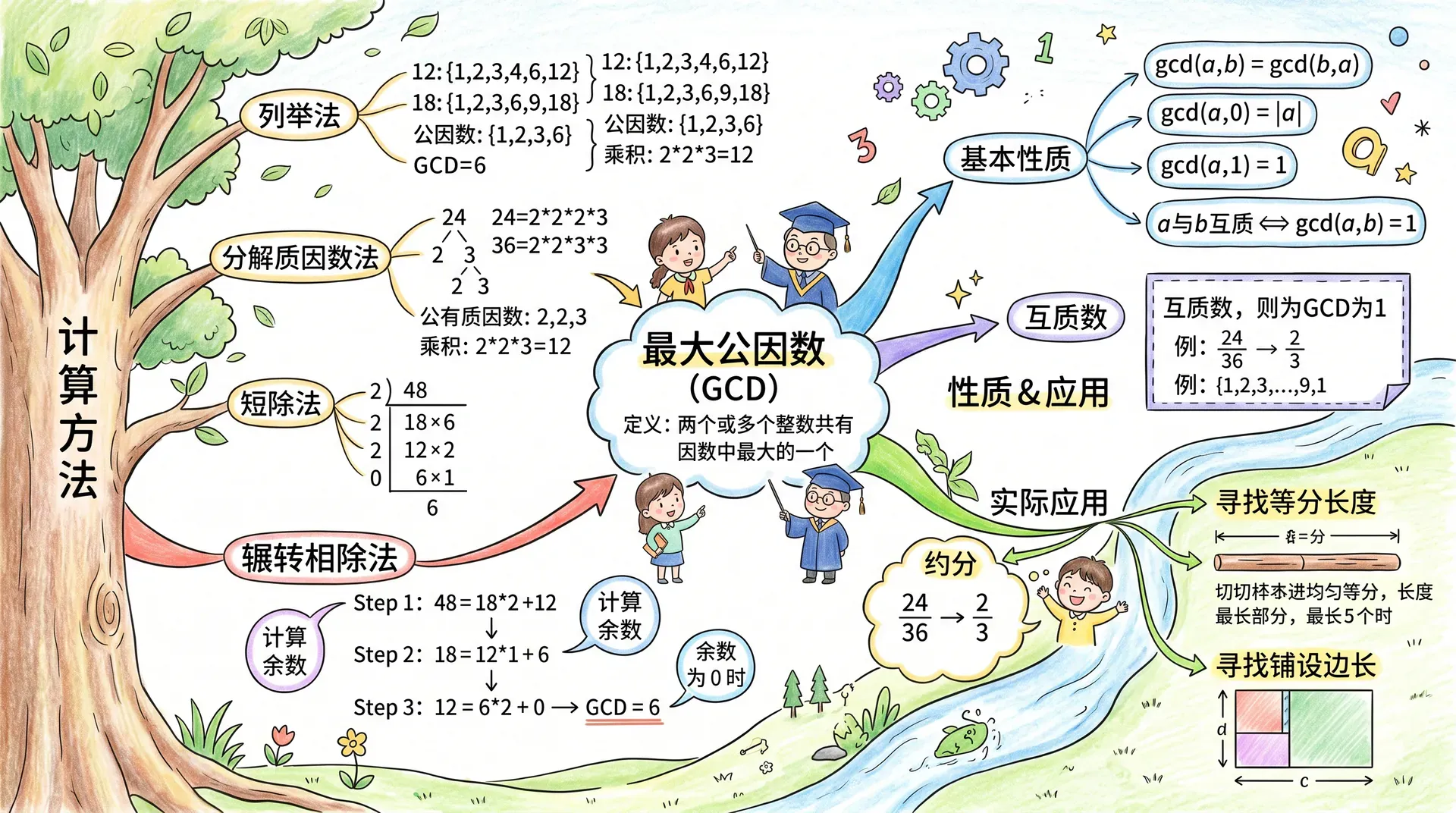 GCD知识体系总结图:以gcd(a,b)为中心,四个方向分别展开:左侧为三种计算方法(短除法、辗转相除、素因数分解),右侧为裴蜀定理与线性表示,上方为互质的定义与判定,下方为约分本质与应用场景,各概念间用箭头标注推导依赖关系