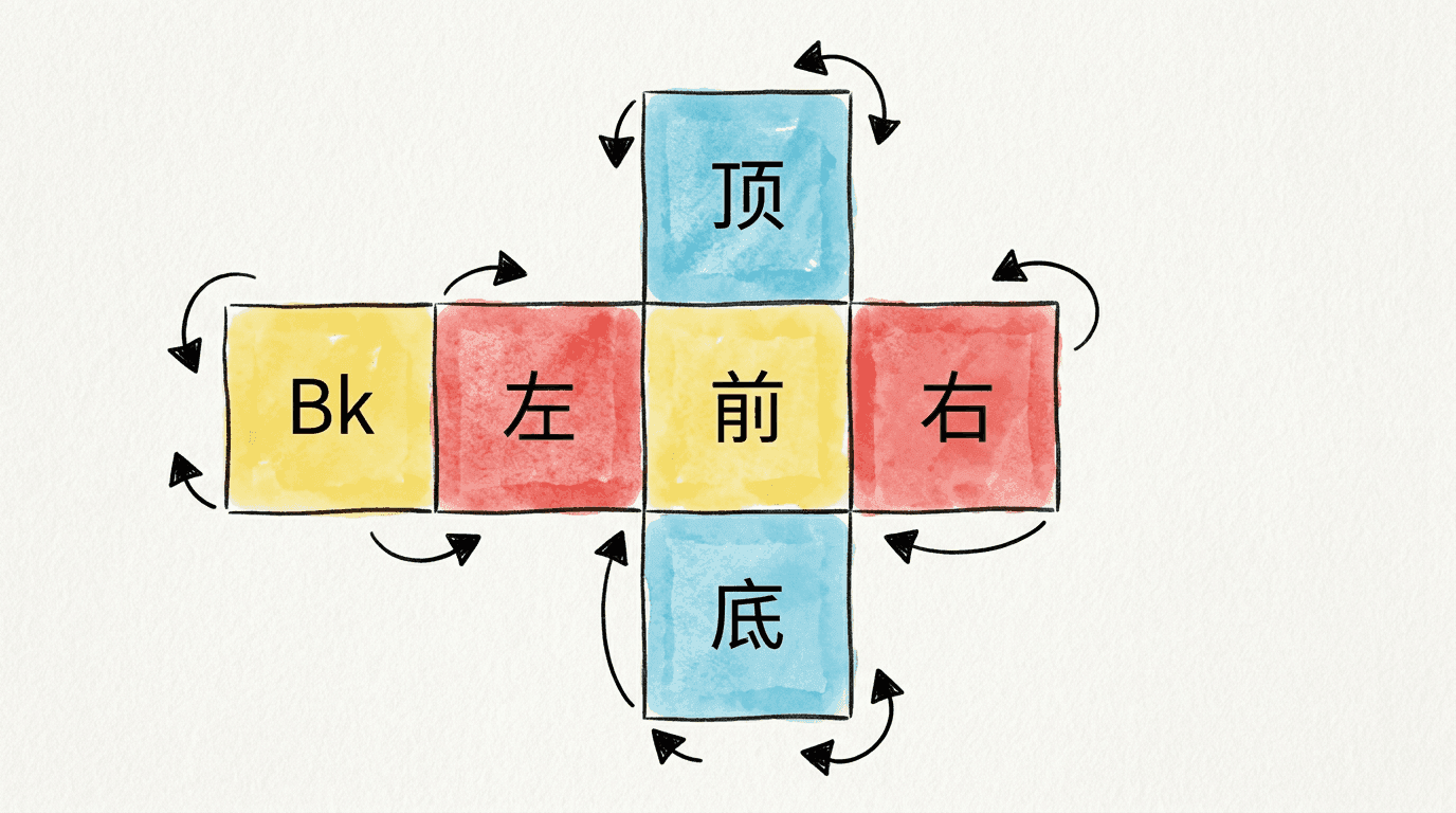 正方体的 11 种标准展开图中最典型的一种(十字形展开图),各个面用不同颜色标注,相对面用相同颜色呈现,折叠箭头标注折叠方向