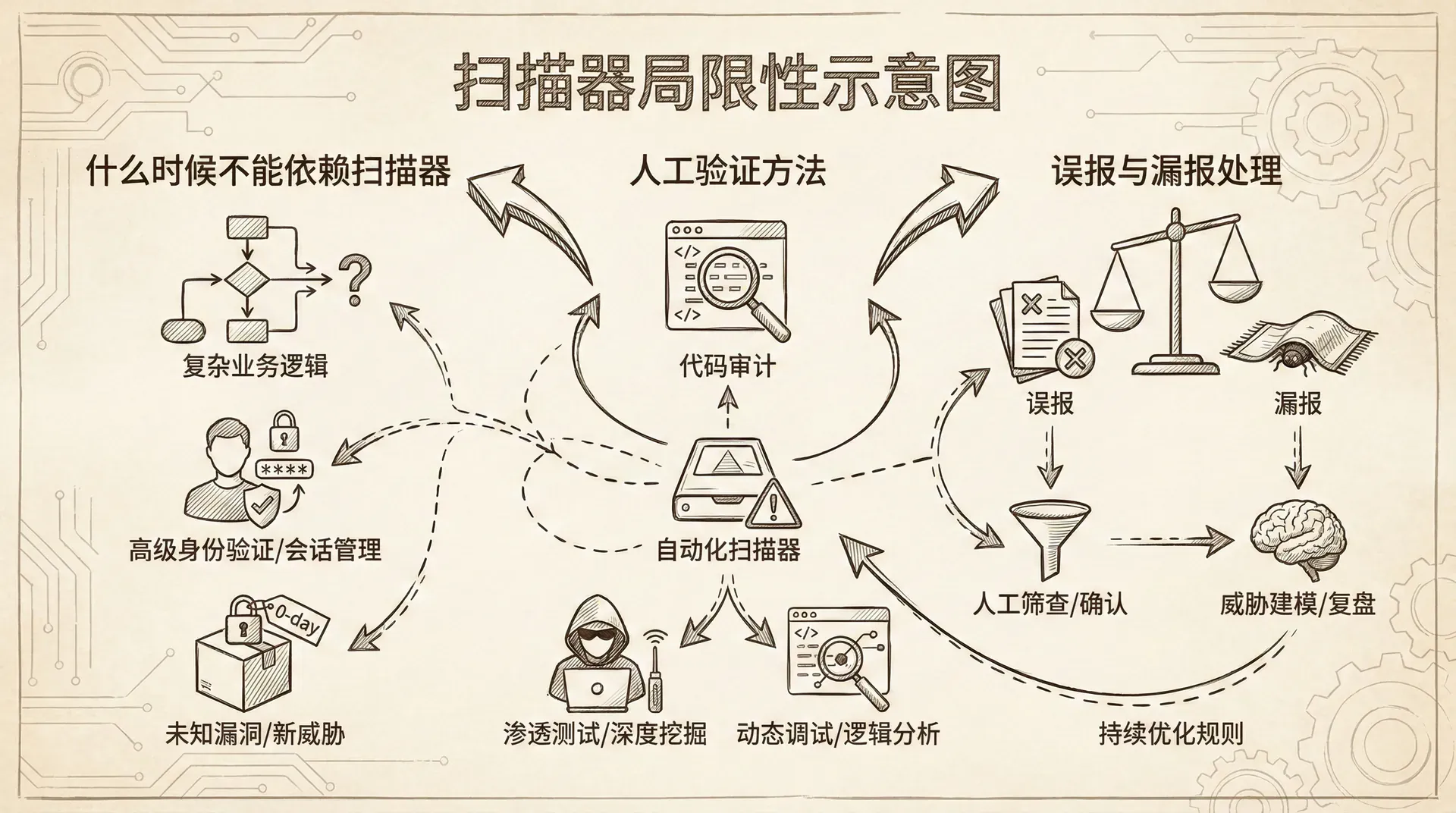 图片描述:一个展示扫描器局限性的示意图,包含什么时候不能依赖扫描器、人工验证方法、误报与漏报处理等
