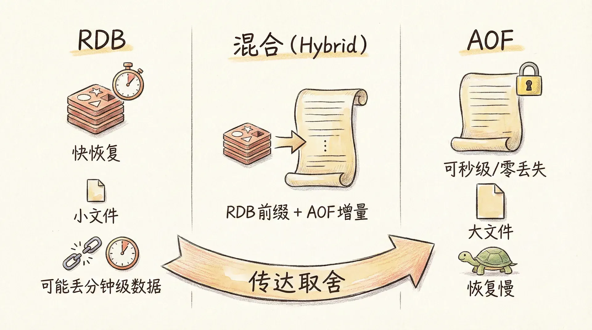 插图prompt: 对比图:左侧 RDB 标注快恢复、小文件、可能丢分钟级数据;右侧 AOF 标注可秒级/零丢失、大文件、恢复慢;中间「混合」标注 RDB 前缀 + AOF 增量,传达取舍