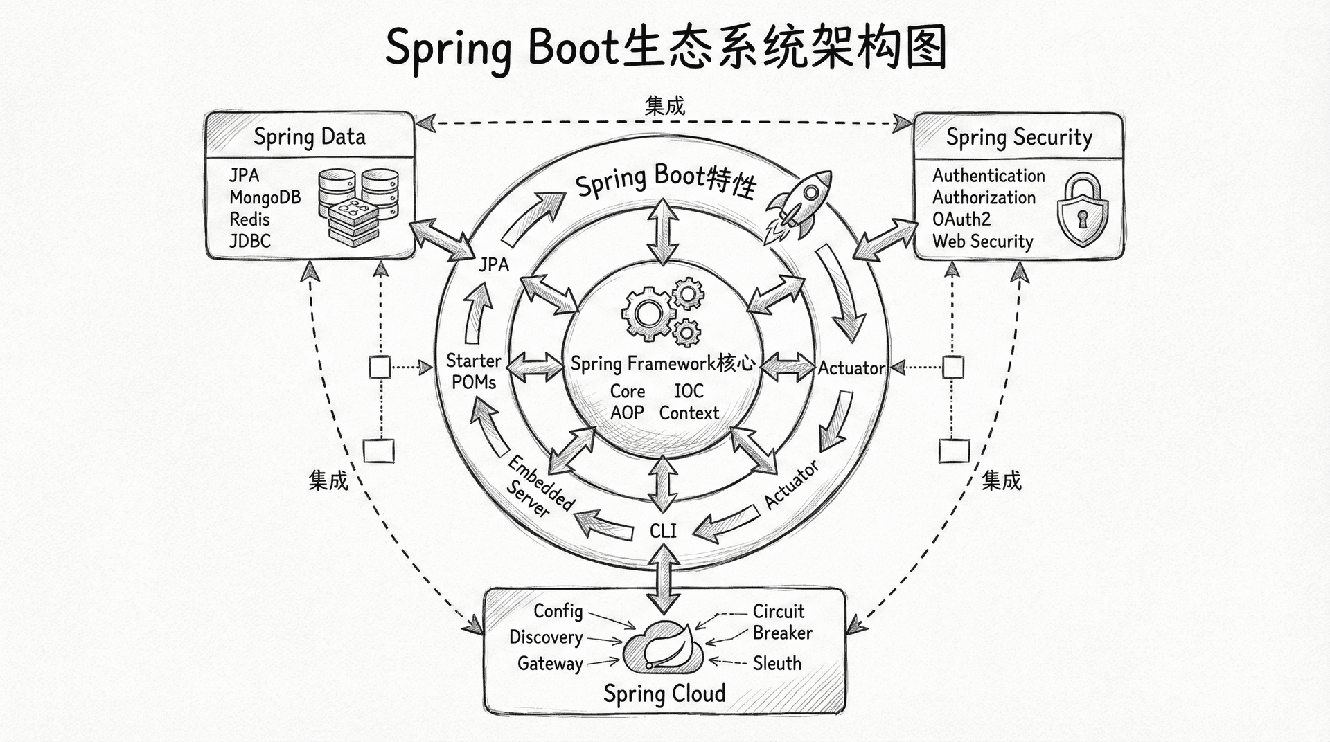 展示Spring Boot生态系统的架构图,包括Spring Framework核心、Spring Boot特性、Spring Data、Spring Security、Spring Cloud等组件,以及它们之间的关系和集成方式