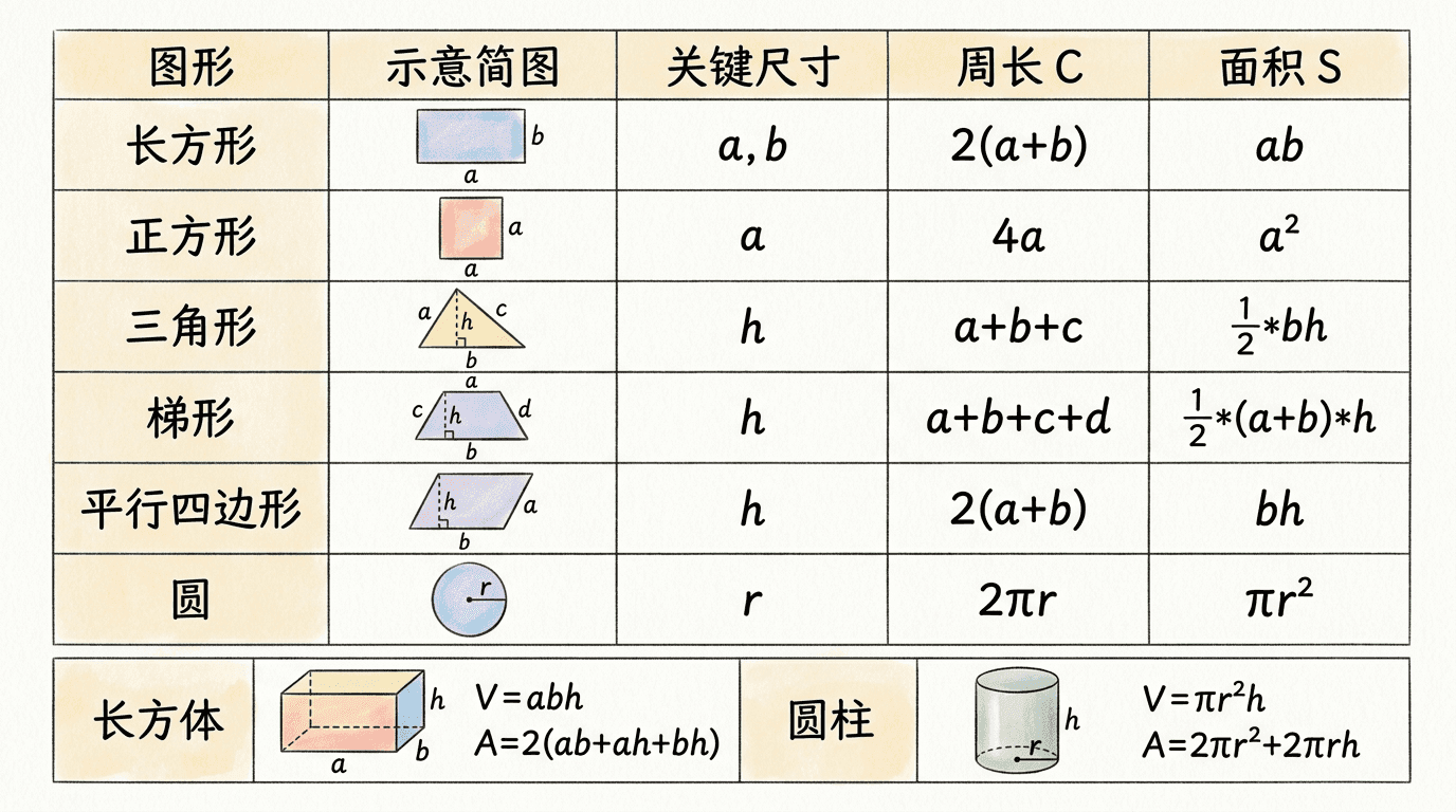公式全览对照图:以清晰的表格式排版展示长方形、正方形、三角形、梯形、平行四边形、圆各图形的周长公式与面积公式,每个图形旁绘有示意简图并标注关键尺寸(如底b、高h、半径r),长方体与圆柱的体积公式和表面积公式附于下方,全图配色素雅,适合作为复习参考卡