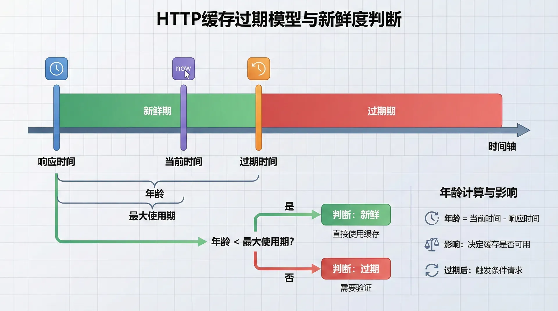展示HTTP缓存的过期模型,包括响应时间、过期时间、当前时间、新鲜度判断等,用时间线图的方式展示过期模型的工作原理,同时展示年龄的计算和影响