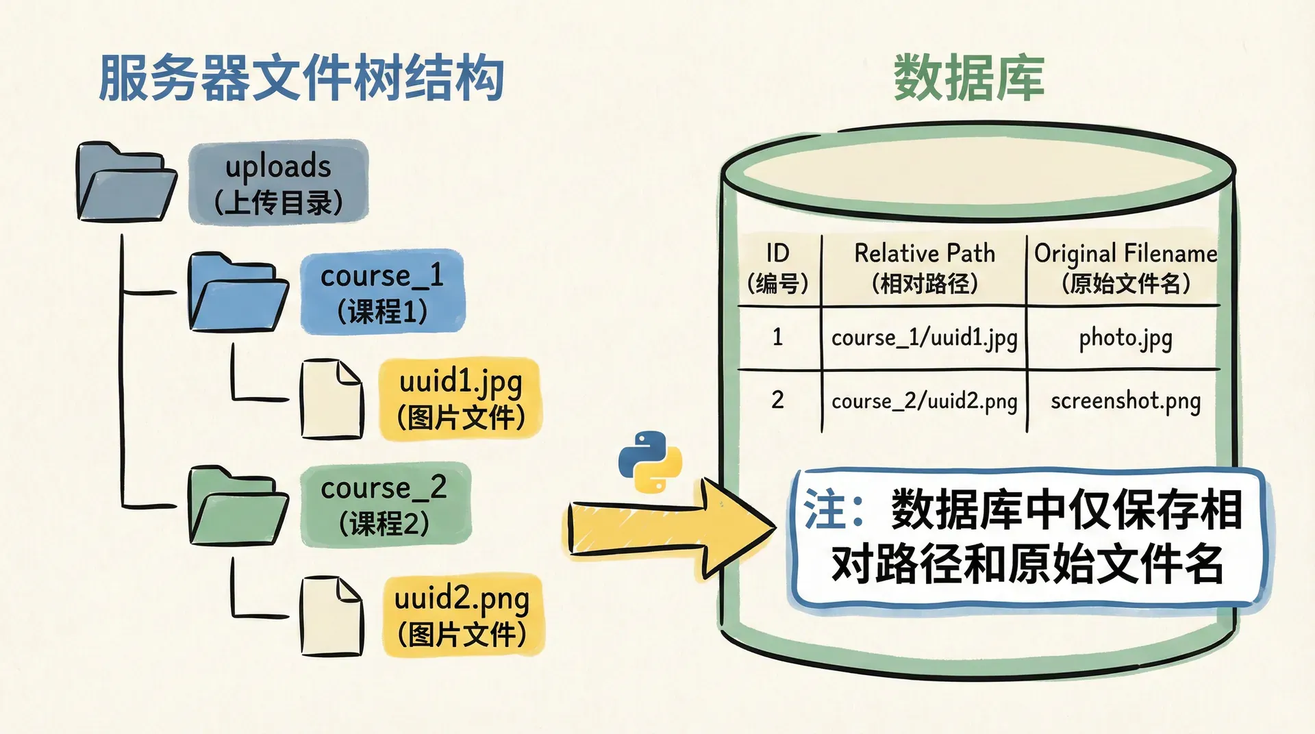 展示 uploads 目录下按课程划分的文件树结构示意图,例如 uploads/course_1/uuid1.jpg、uploads/course_2/uuid2.png,并在旁边标出数据库中仅保存相对路径和原始文件名